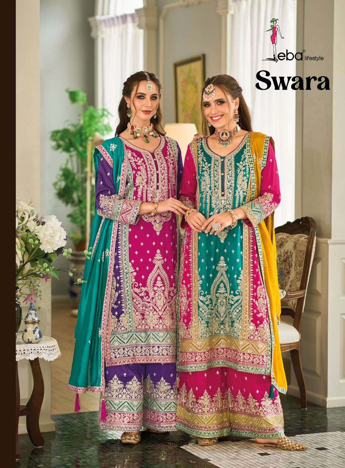 SWARA PREMIUM SILK HEAVY EMBOIDERY WORK KURTI WITH SHARARA AND DUPATTA BY EBA LIFESTYLE BRAND WHOLES...