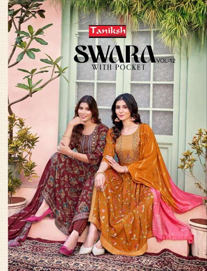 SWARA VOL 12 CAPSULE RAYON PRINT EMBROIDERY WORK KURTI WITH PANT AND NAZMIN DUPATTA BY TANIKSH BRAND...