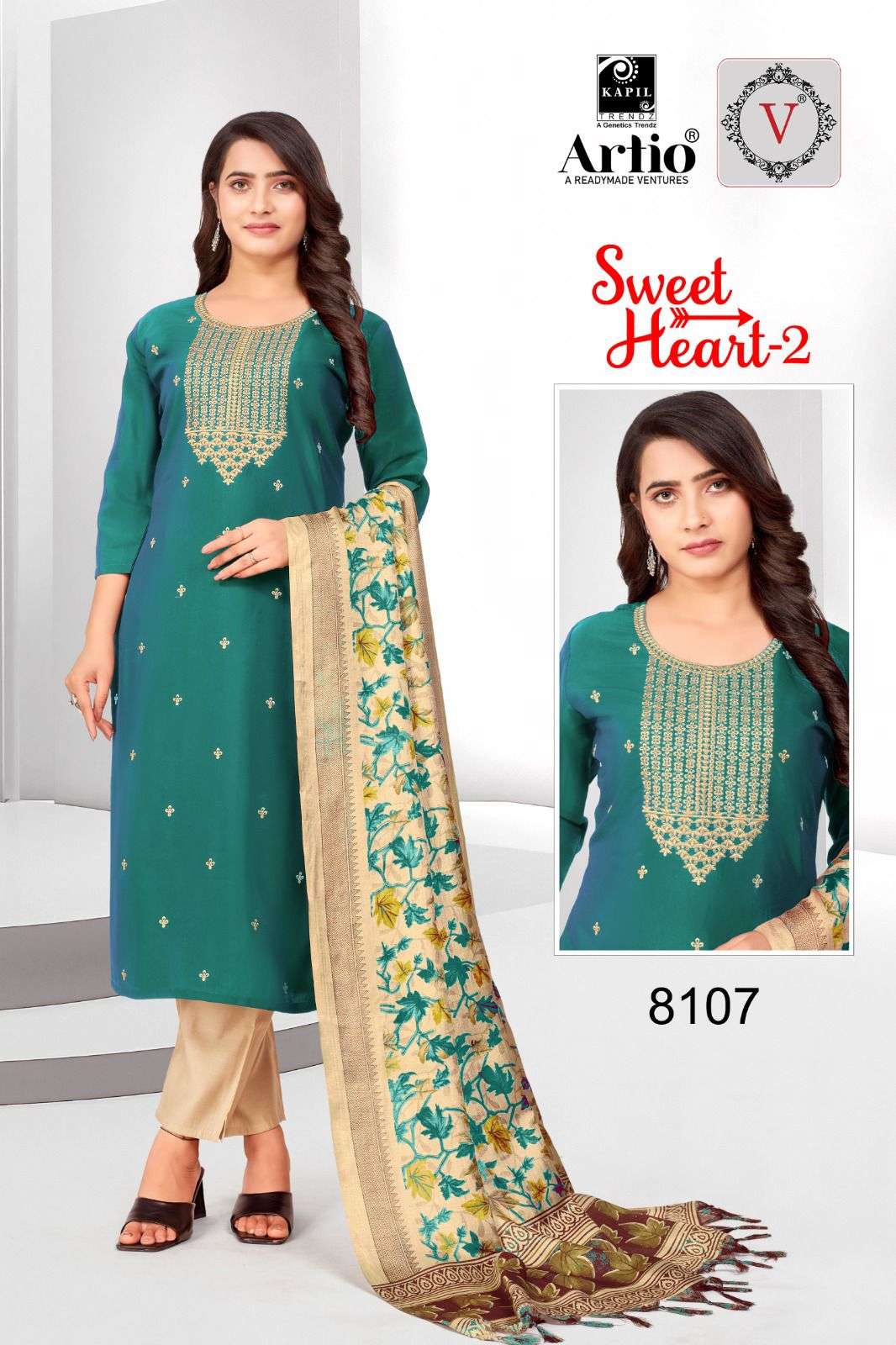 SWEET HEART RANGILA SILK EMBROIDERY WORK KURTI WITH PANT AND DUPATTA BY VEDA BRAND WHOLESALER AND DE...