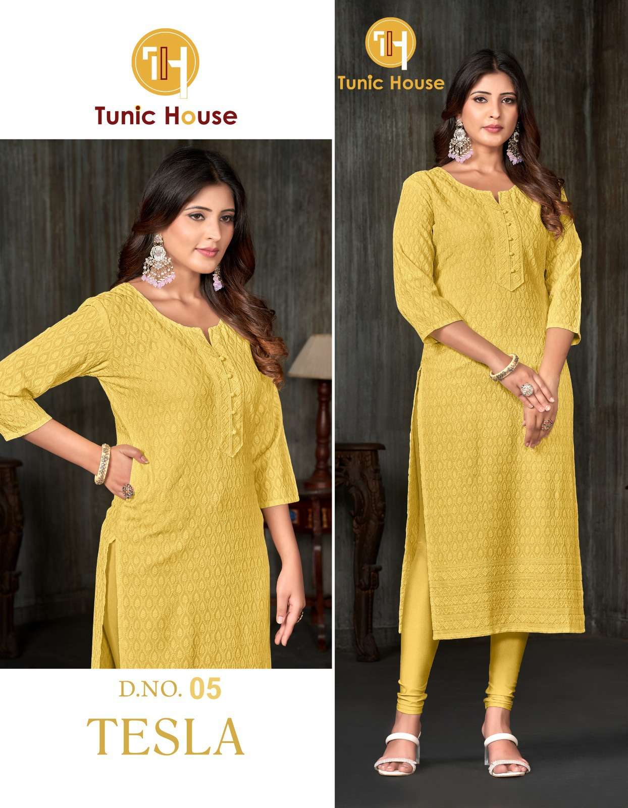 TESLA VISCOUS RAYON FULLY CHIKANKARI WORK KURTI BY TUNIC HOUSE BRAND WHOLESALER AND DEALER