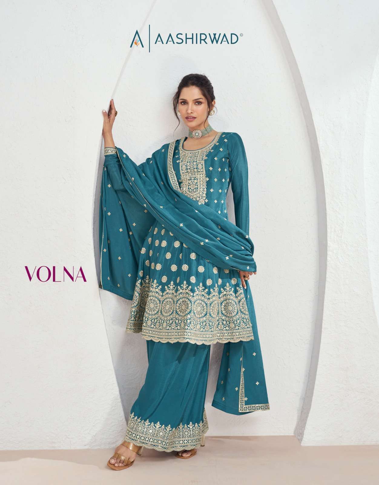 VOLNA PREMIUM CHINNON SILK EMBROIDERY AND SEQUENCE WORK KURTI WITH SHARARA AND DUPATTA BY AASHIRWAD ...