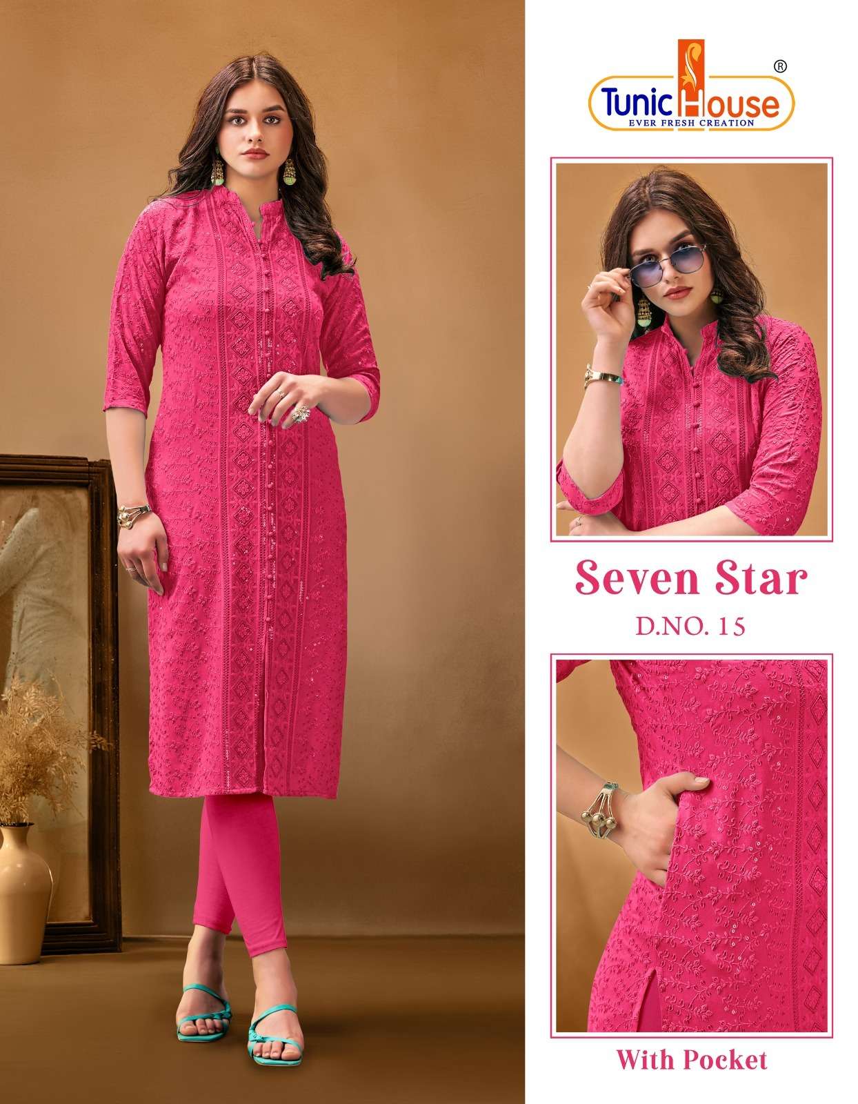 7 STAR VISCOSE SEQUENCE RAYON KURTI BY TUNIC HOUSE BRAND WHOLESALER AND DEALER