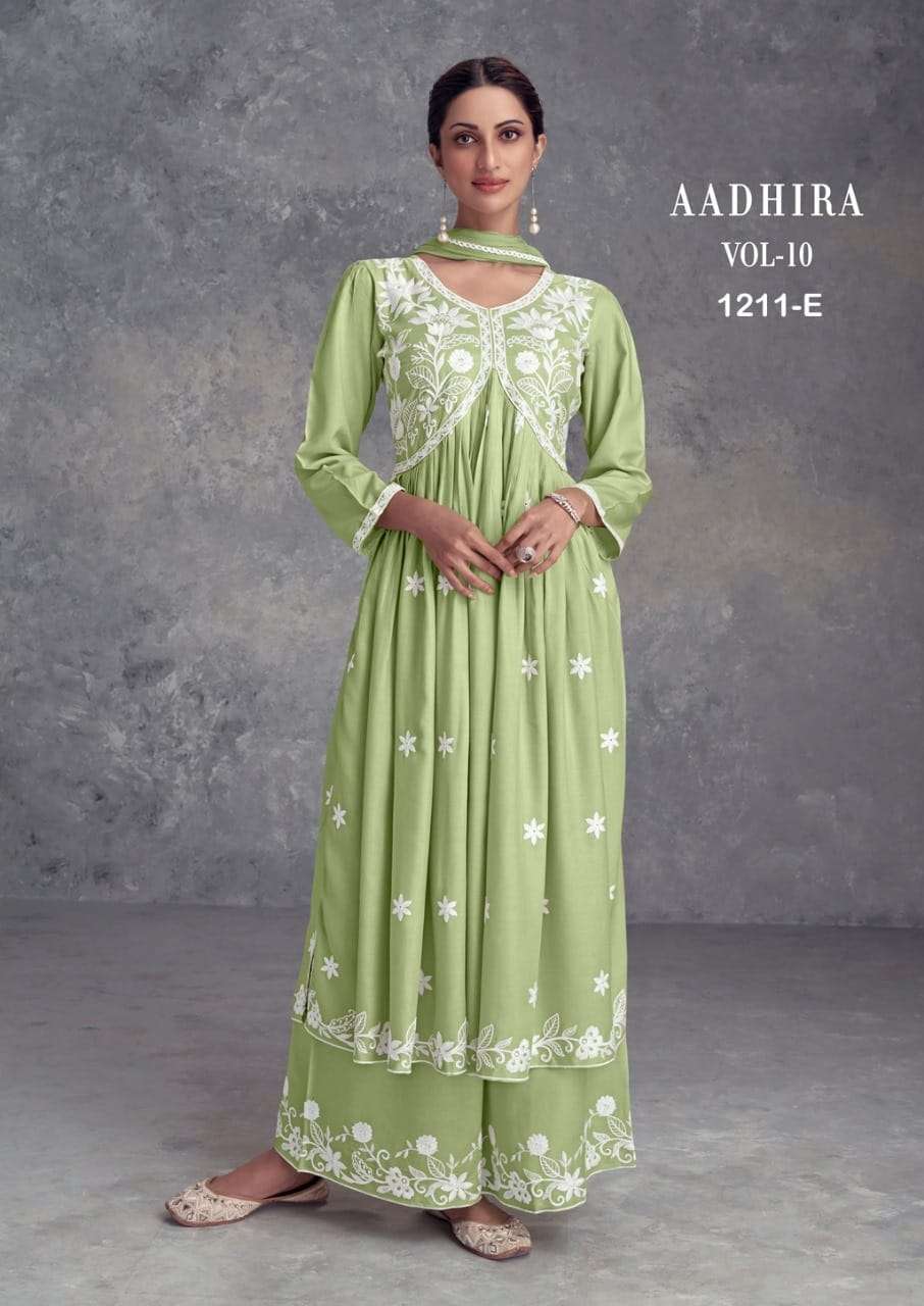 AADHIRA VOL 10 PURE REYON VISCOS LAKHNAWI WORK KURTI WITH PLAZZO AND NAZMIN DUPATTA BY S3FOREVER BRA...