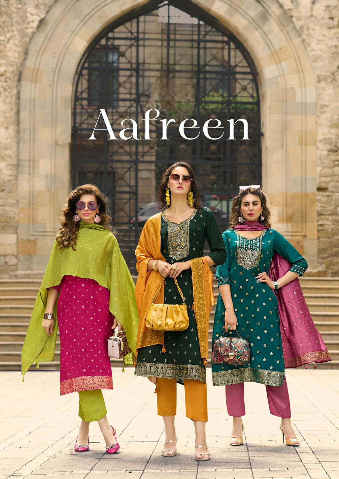 AAFREEN PURE MUSLINE JACQUARD THREAD AND HANDWORK KURTI WITH SANTOON PANT AND VISCOSE PRINT DUPATTA ...