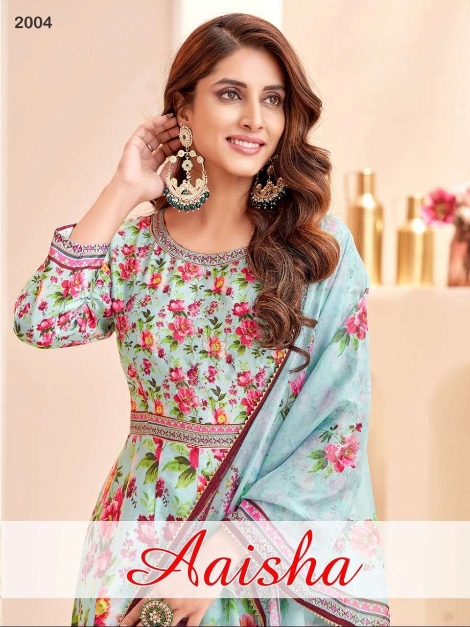 AAISHA MASLIN DIGITAL SILK EMBROIDERY WORK KURTI WITH PANT AND DUPATTA BY S3FOREVER BRAND WHOLESALER...