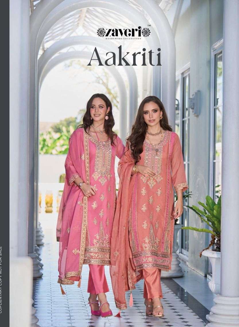 AAKRITI HEAVY ORGANZA FANCY EMBROIDERY WORK KURTI WITH SILK PANT AND DUPATTA BY ZAVERI BRAND WHOLESA...