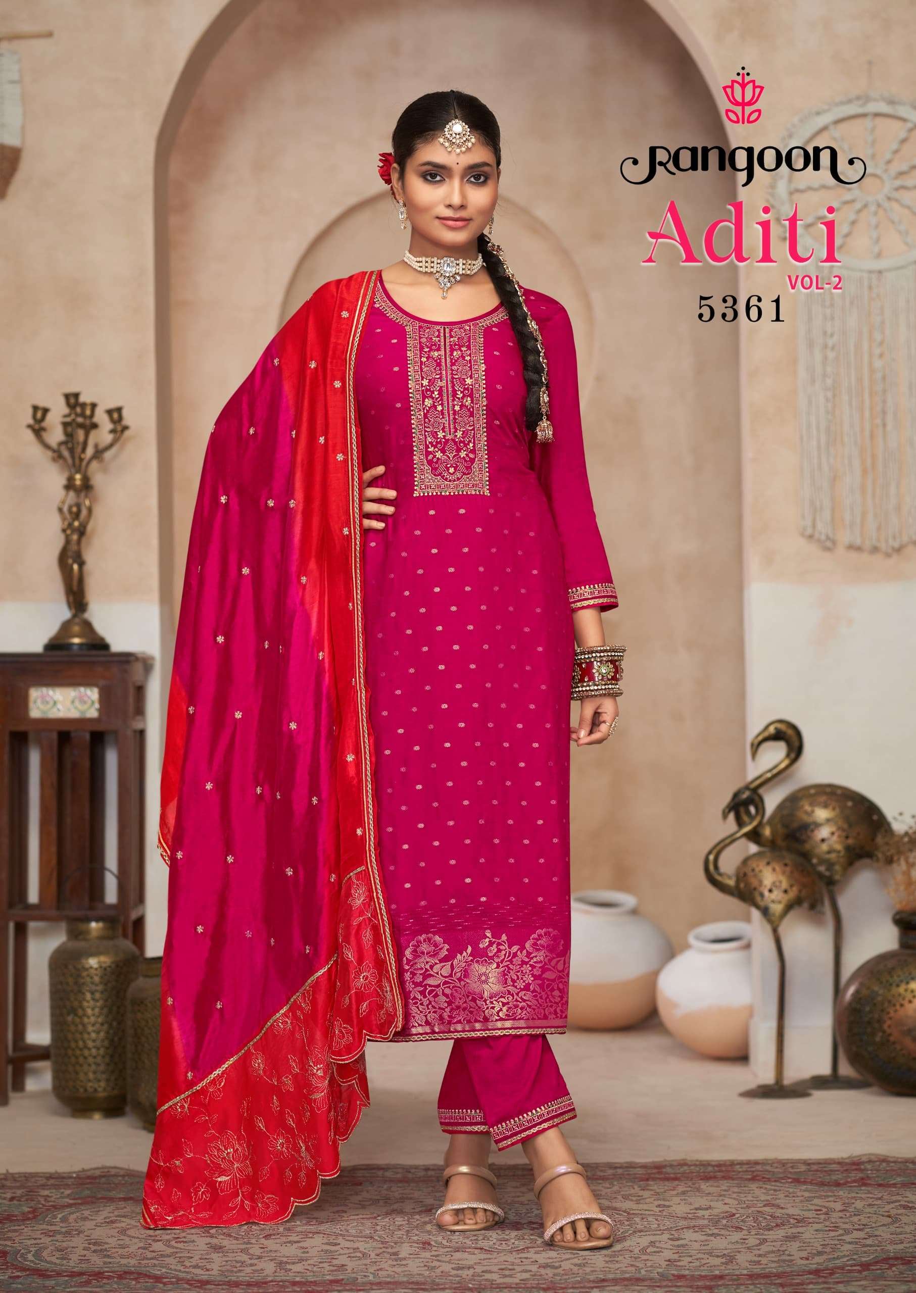 ADITI VOL 2 PURE VISCOSE JECAURD HANDWORK KURTI WITH PANT AND SILK DUPATTA BY RANGOON BRAND WHOLESAL...