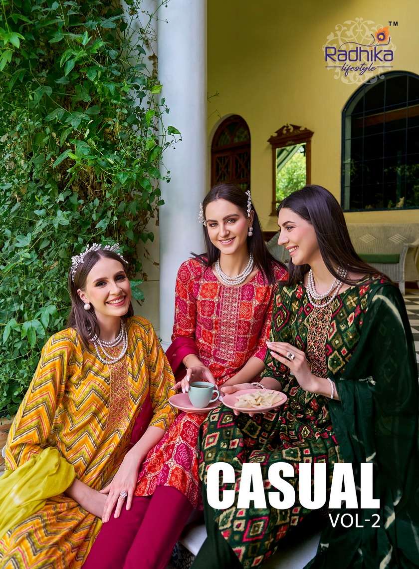 CASUAL VOL 2 HEAVY REYON FOIL PRINT EMBROIDERY WORK KURTI WITH PANT AND CHIFFON DUPPTTA BY RADHIKA L...