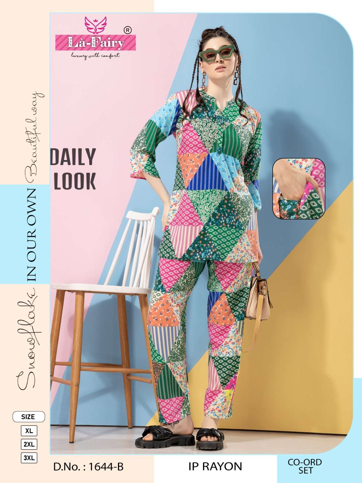 D NO 1644 IMPORTED RAYON PRINTED FANCY CO ORD SET BY LA FAIRY BRAND WHOLESALER AND DEALER