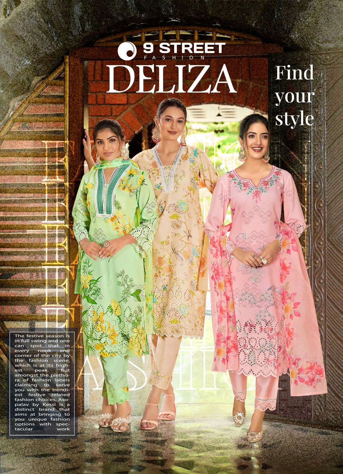 DELIZA POLY VISCOSE HEAVY WORK KURTI WITH PANT AND ORANGAZA PRINT DUPATTA BY 9STREET BRAND WHOLESALE...