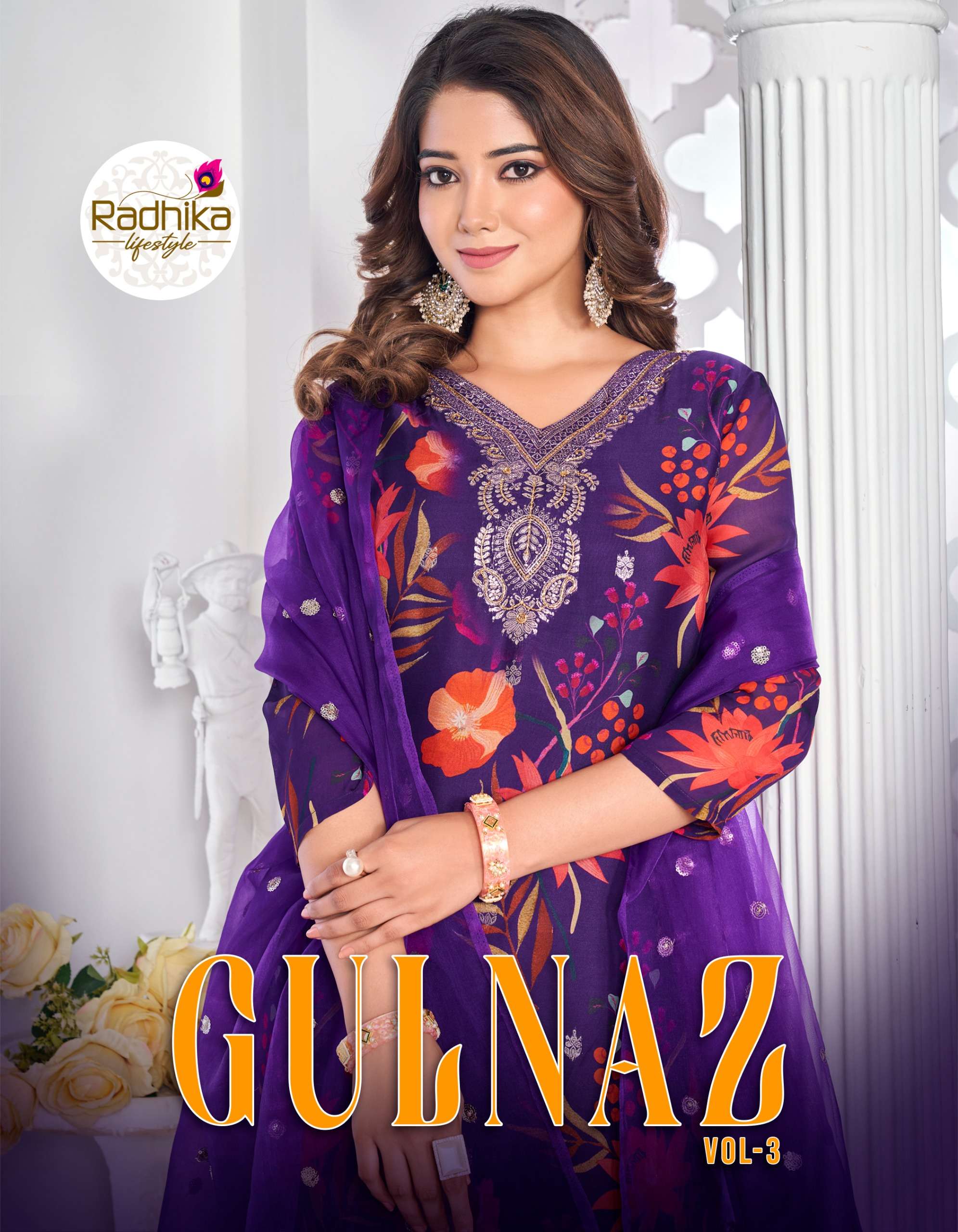 GULNAZ PURE ORGANZA SILK DIGITAL PRINT HANDWORK KURTI WITH PANT AND DUPATTA BY RADHIKA LIFESTYLE BRA...