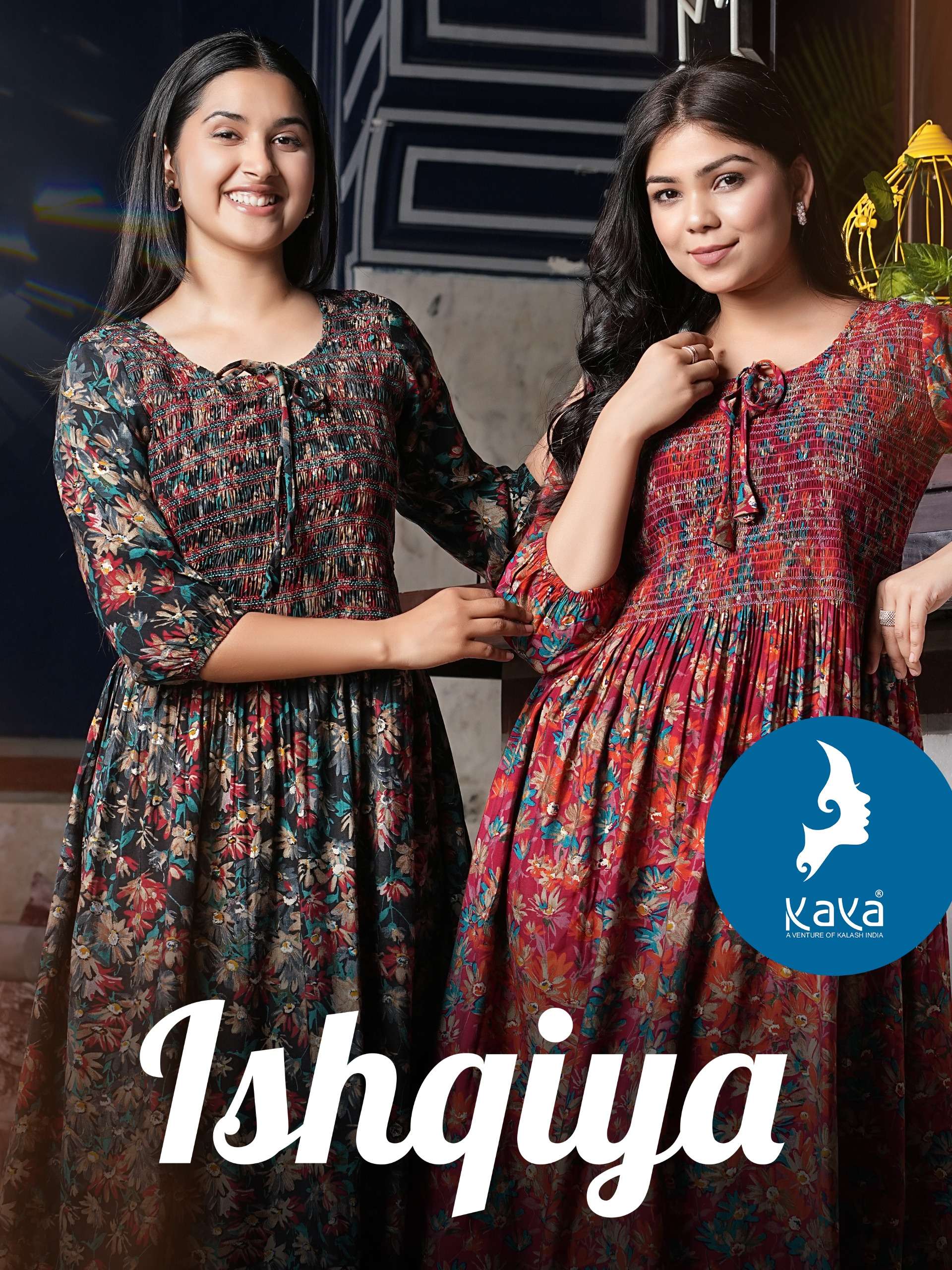 ISHQIYA CHANDERI  FOIL PRINT GOWN STYLE KURTI BY KAYA KURTI BRAND WHOLESALER AND DEALER