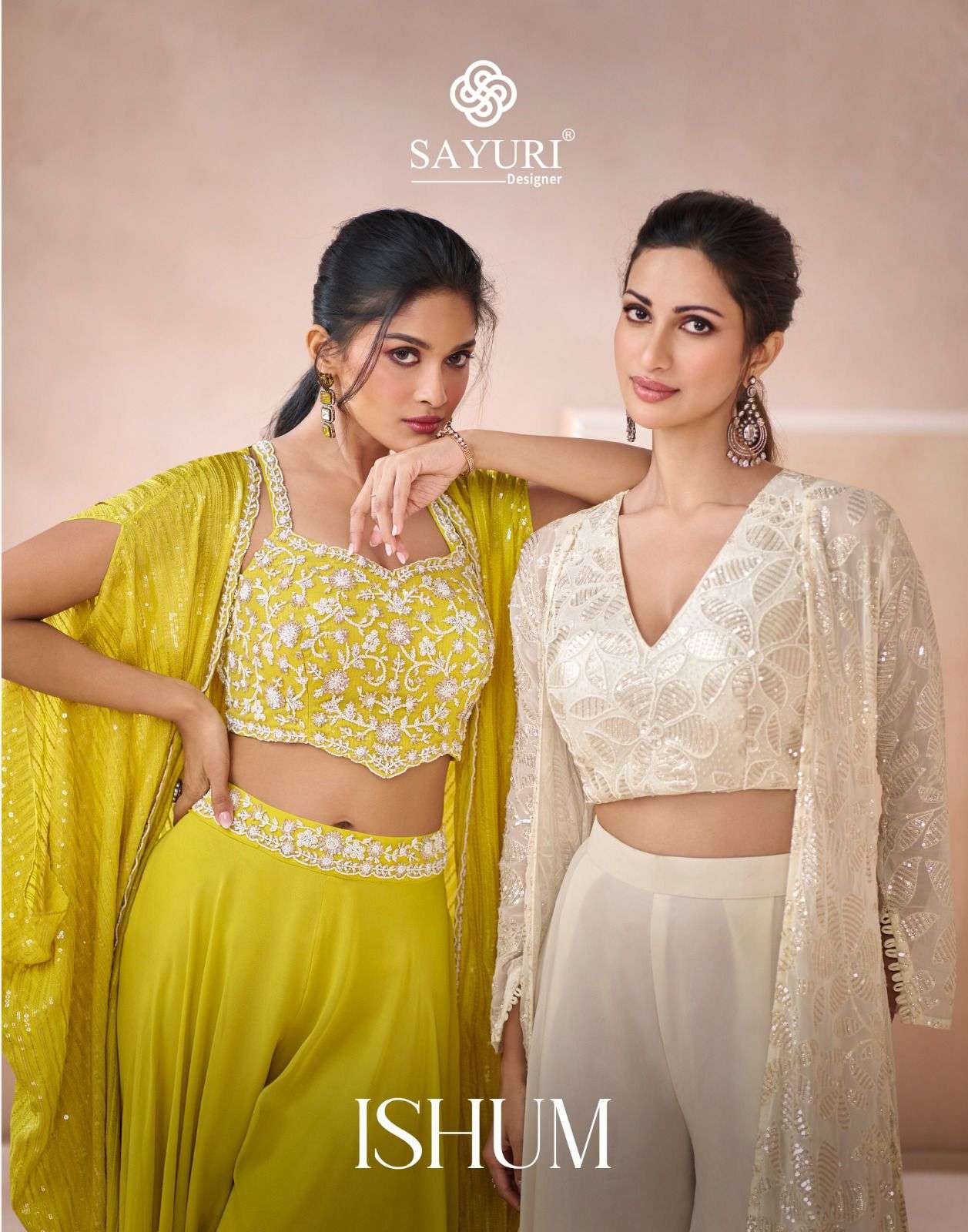 ISHUM REAL GEROGETTE HEAVY EMBROIDERY AND HANDWORK CROP TOP WITH PLAZZO AND SHRUG BY SAYURI DESIGNER...