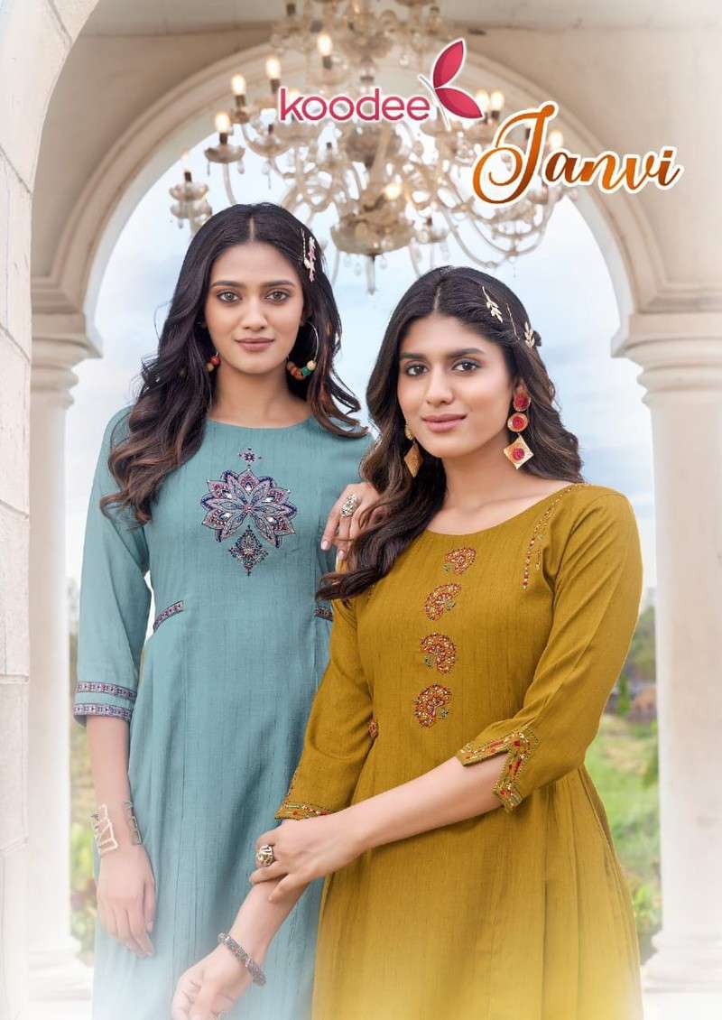 JANVI HEAVY RAYON DOBBY EMBROIDERY AND HANDWORK KURTI BY KOODEE BRAND WHOLESALER AND DEALER