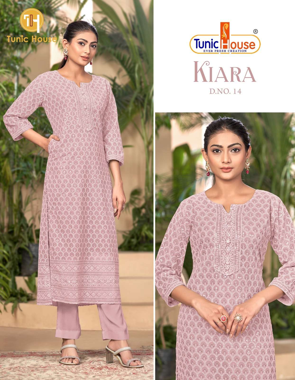 KIARA VOL 2 GEORGETTE  FULL CHIKANKARI LAKHNAWI WORK KURTI WITH PANT BY TUNIC HOUSE BRAND WHOLESALER...