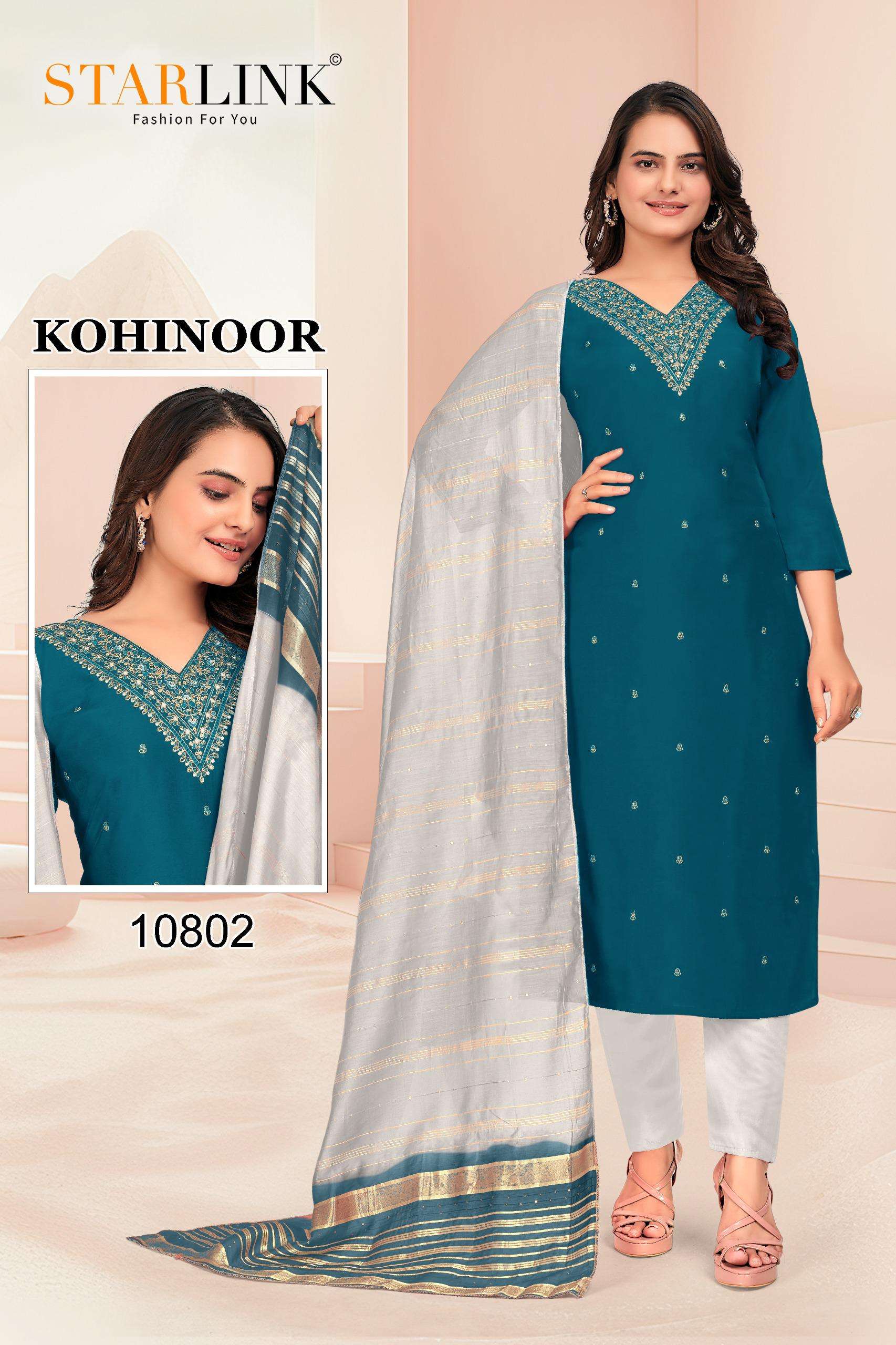 KOHINOOR PV CHANDERI EMBROIDERY AND HANDWORK KURTI WITH PANT AND JAQUARD DUPATTA BY STARLINK BRAND W...