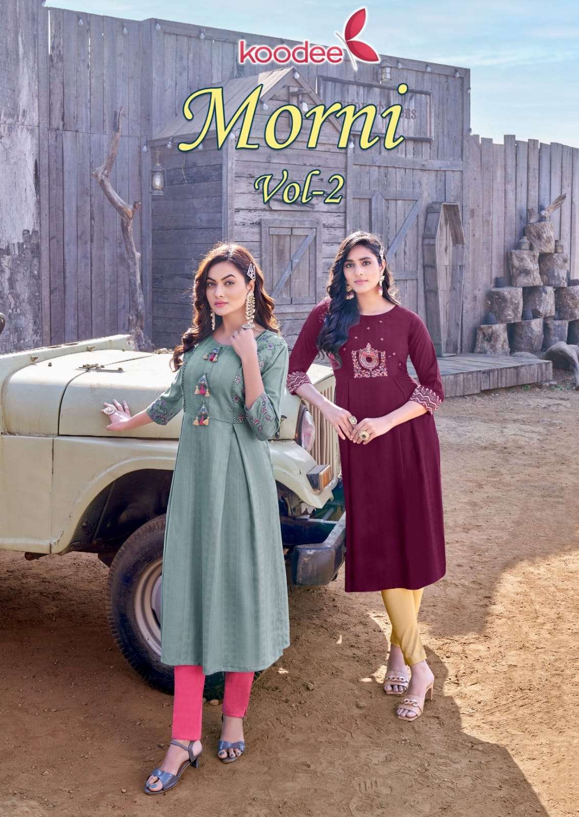 MORNI VOL 2 HEAVY RAYON DOBBY EMBROIDERY AND HANDWORK KURTI BY KOODEE BRAND WHOLESALER AND DEALER