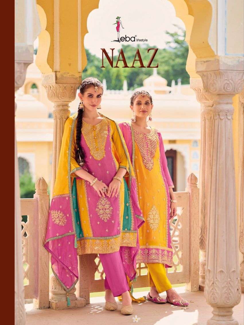 NAAZ HEAVYCHINON EMBOIDERY WORK KURTI WITH PANT AND SILK DUPATTA BY EBA LIFESTYLE BRAND WHOLESALER A...