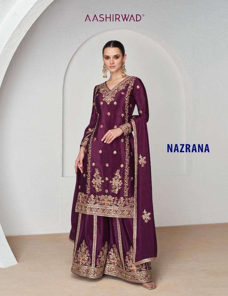 NAZRANA PREMIUM CHINNON SILK HEAVY HANDWORK KURTI WITH SHARARA AND DUPATTA BY AASHIRWAD BRAND WHOLES...