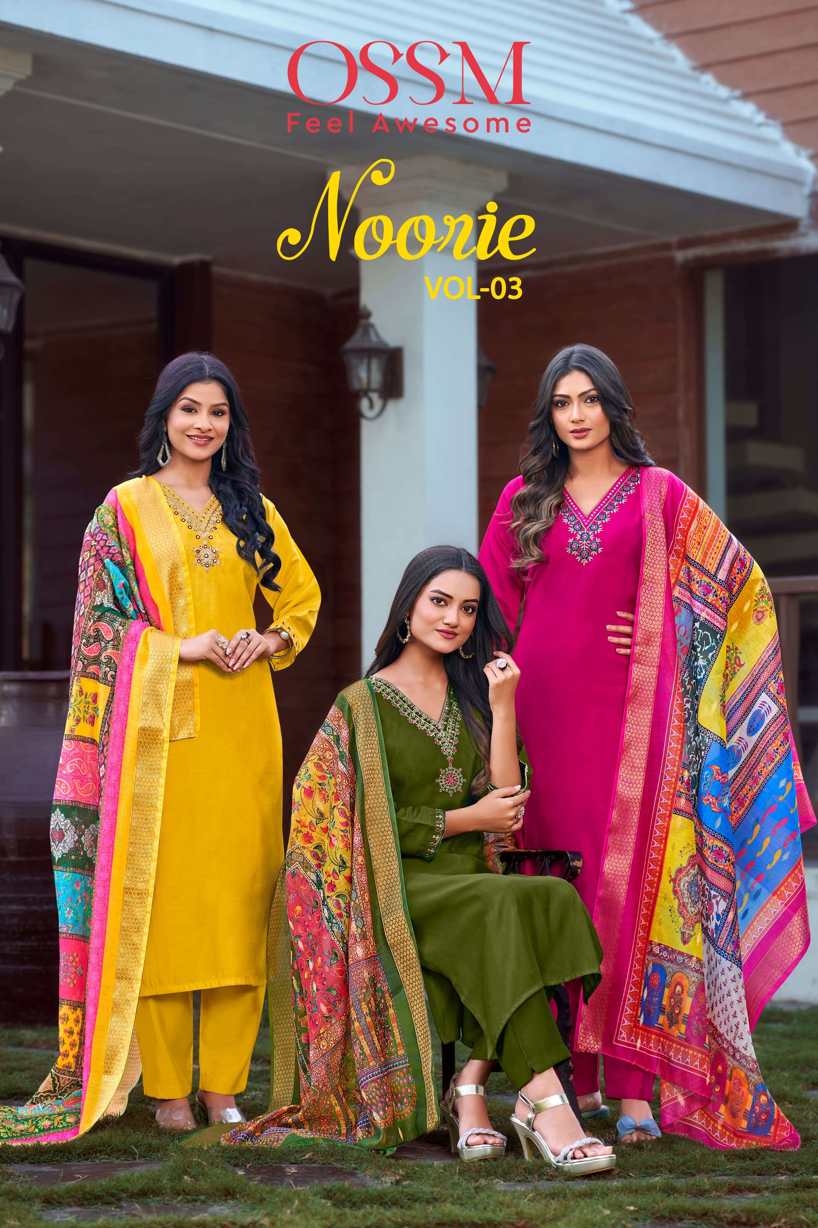 NOORIE VOL 3 PURE VISCOS ROMAN SILK EMBROIDERY WORK KURTI WITH ROMAN SILK PANT AND JACQUARD DIGITAL ...