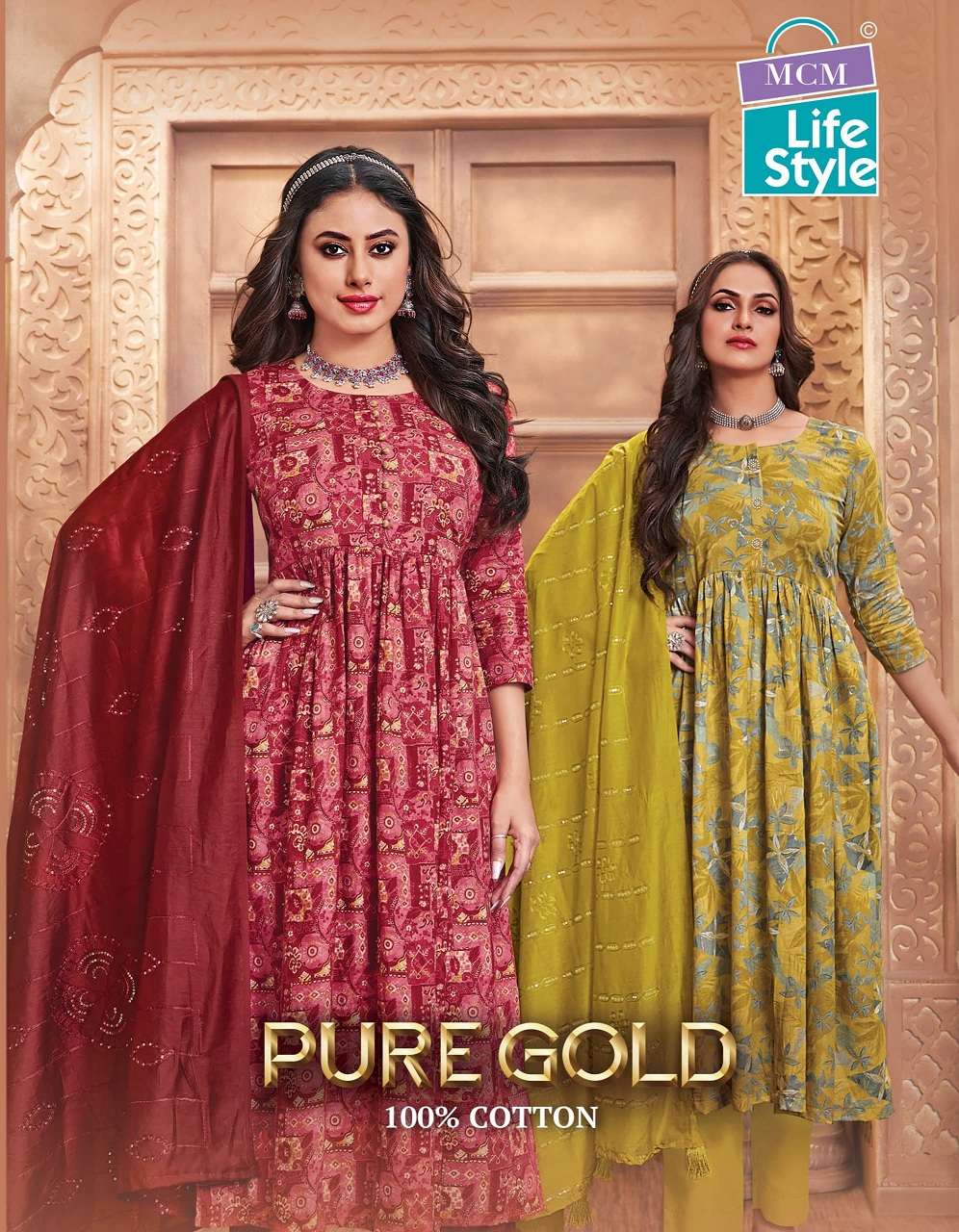 PURE GOLD VOL 1 PURE COTTON PRINTED FLAIR KURTI WITH PANT AND DUPATTA BY MCM BRAD WHOLESALER AND DEA...