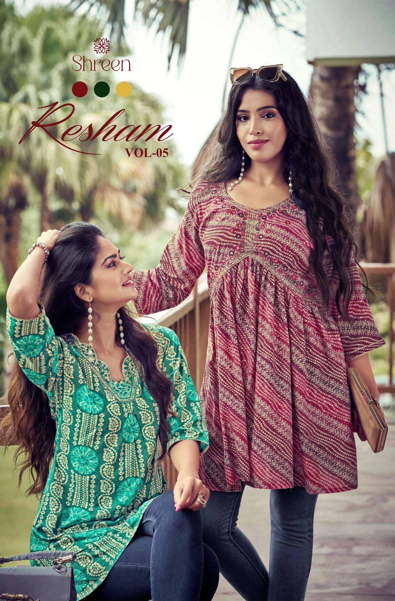 RESHAM VOL 5 RAYON  FOIL PRINTS 14 KG TRENDY WESTERN TUNICS BY SHREEN BRAND WHOLESALER AND DEALER