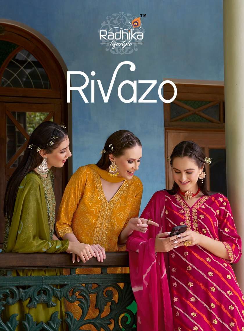 RIVAZO HEAVY REYON FOIL PRINT EMBROIDERY WORK KURTI WITH PANT AND CHIFFON DUPPTTA BY RADHIKA LIFESTY...