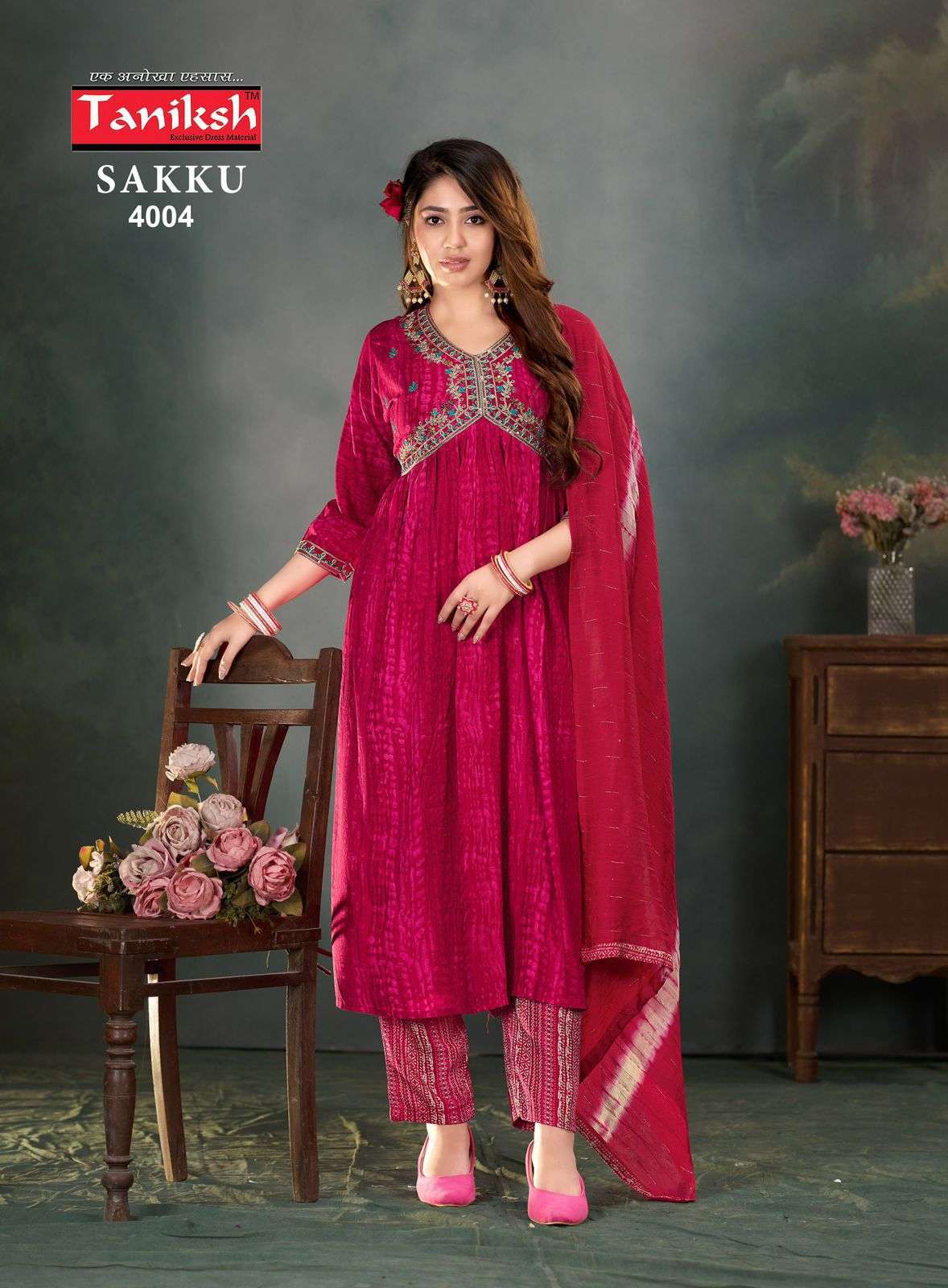 SAKKU VOL 4 SABURI RAYON PRINT EMBROIDERY WORK KURTI WITH PANT AND FANCY DUPATTA BY TANIKSH BRAND WH...