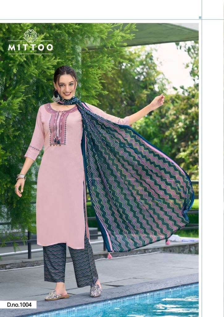 SAMREEN HEAVY RAYON THREAD AND HANDWORK KURTI WITH PANT AND VISCOSE PRINT DUPATTA BY MITTOO BRAND WH...