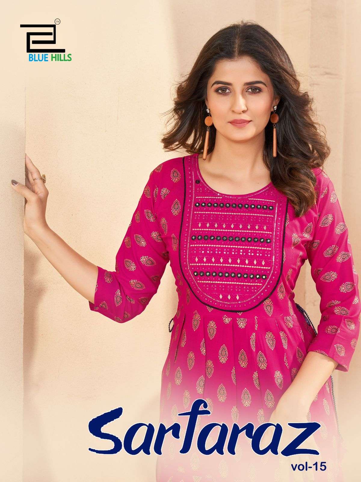 SARFARAZ VOL 15 RAYON PRINT NECK EMBROIDERY GOWN STYLE KURTI BY BLUE HILLS BRAND WHOLESALER AND DEAL...