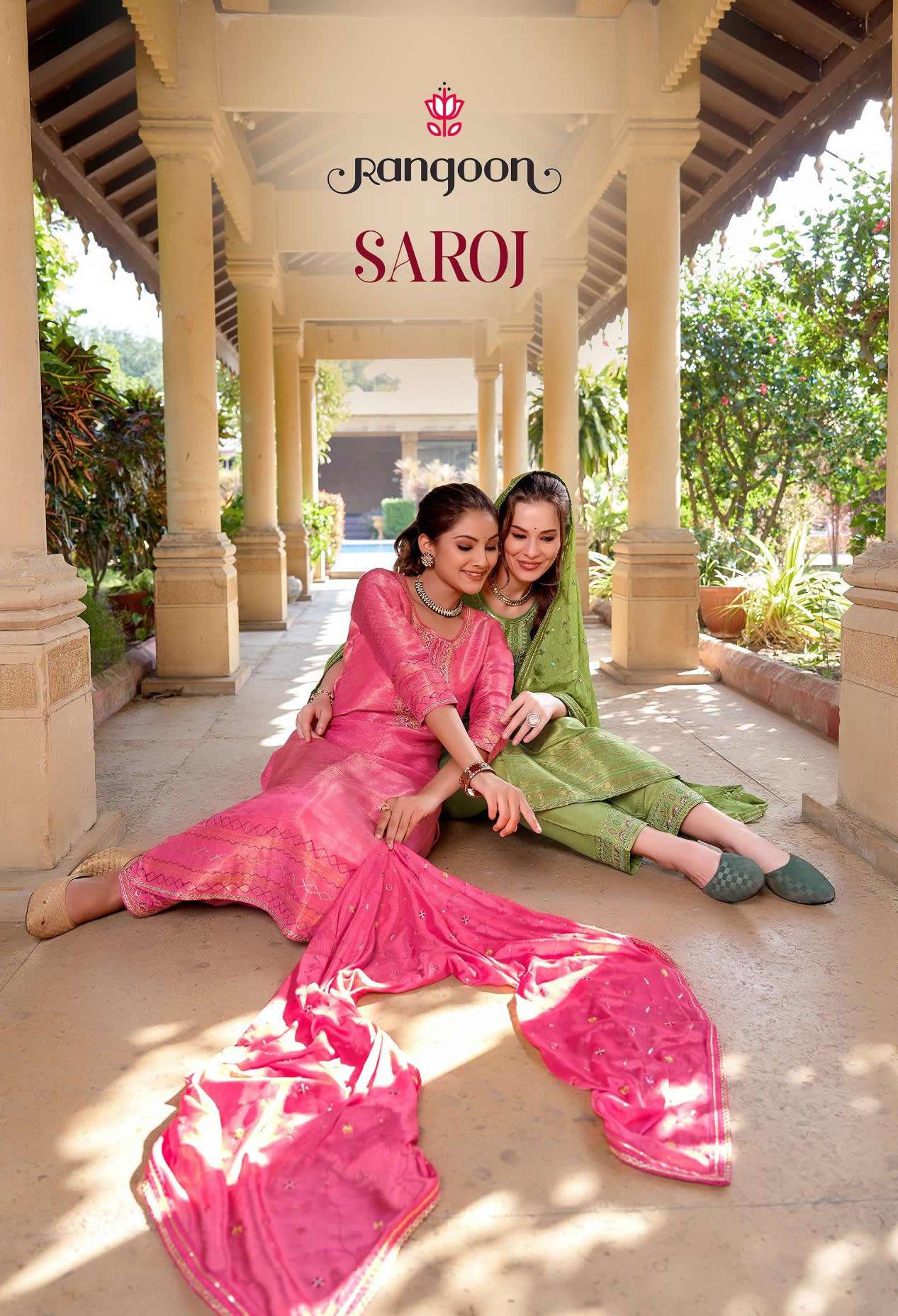 SAROJ PURE VISCOSE SIMMER EMBROIDERY WORK KURTI WITH PANT CHINON DUPATTA BY RANGOON BRAND WHOLESALER...