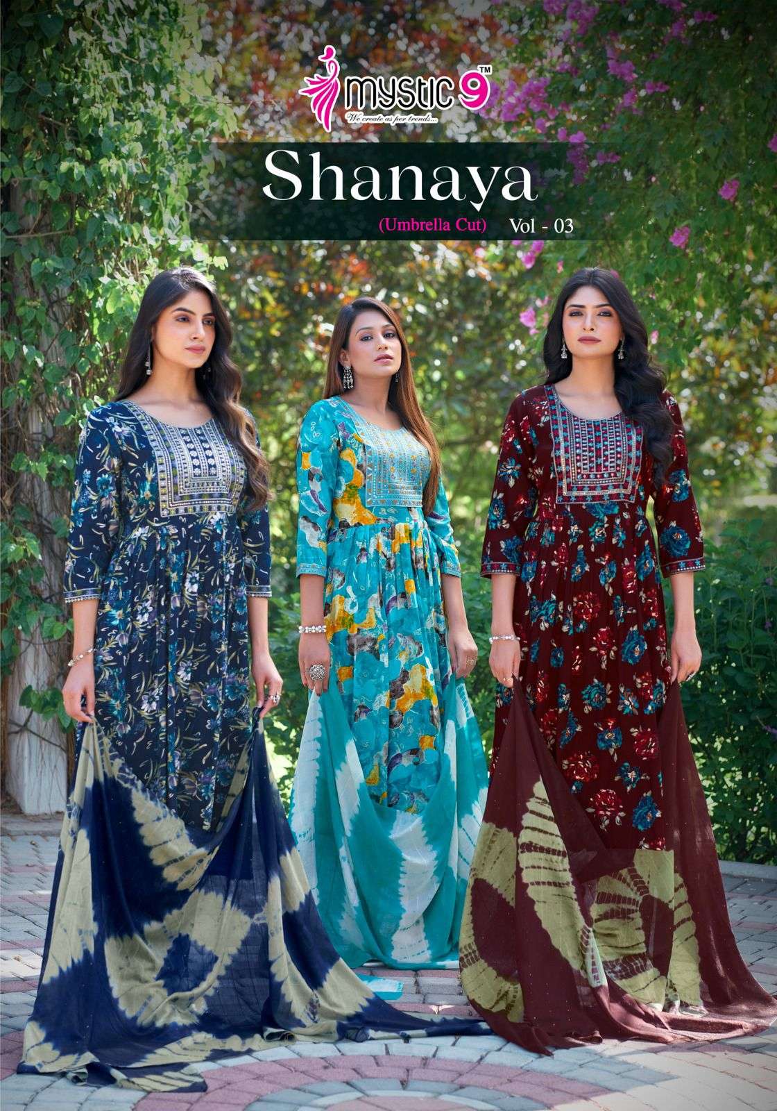 SHANAYA VOL 3 REYON FOIL PRINT EMBROIDERY WORK KURTI WITH PANT AND CHANDERI COTTON DUPATTA BY MYSTIC...