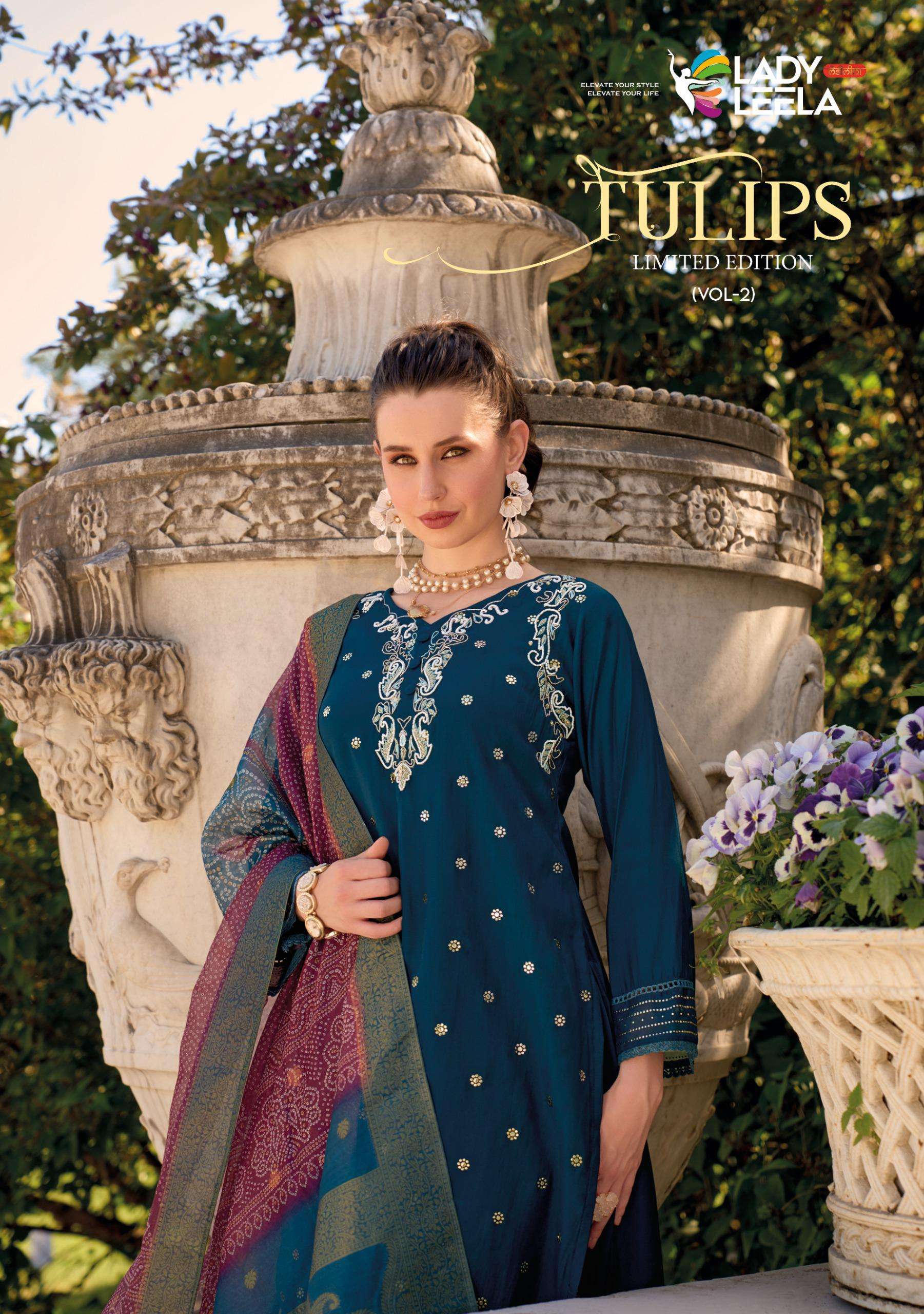 TULIPS VOL 2 VISCOSE SILK HANDWORK KURTI WITH PANT AND ORGANZA JACQUARD DIGITAL PRINT DUPATTA BY LED...