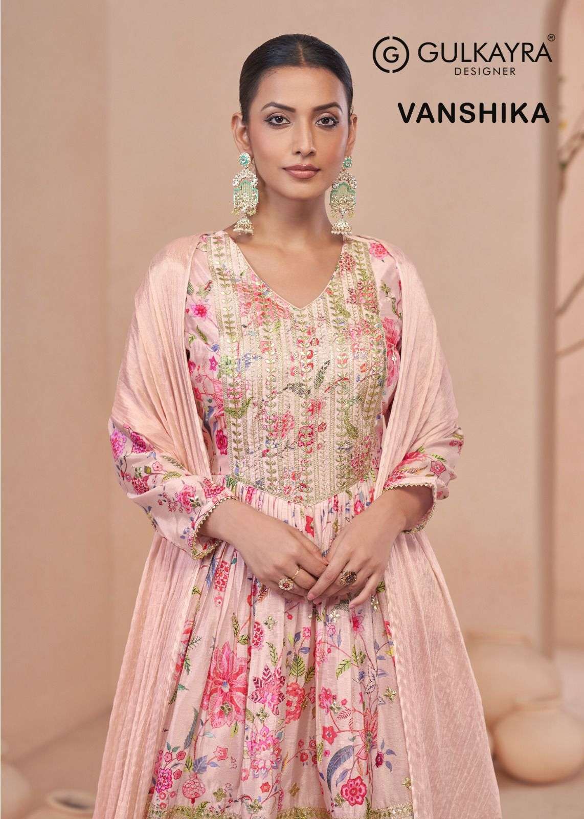 VANSHIKA REAL CHINON DIGITAL PRINT EMBRIDERY WORK KURTI WITH SHARARA AND DUPATTA BY GULKAYRA BRAND W...