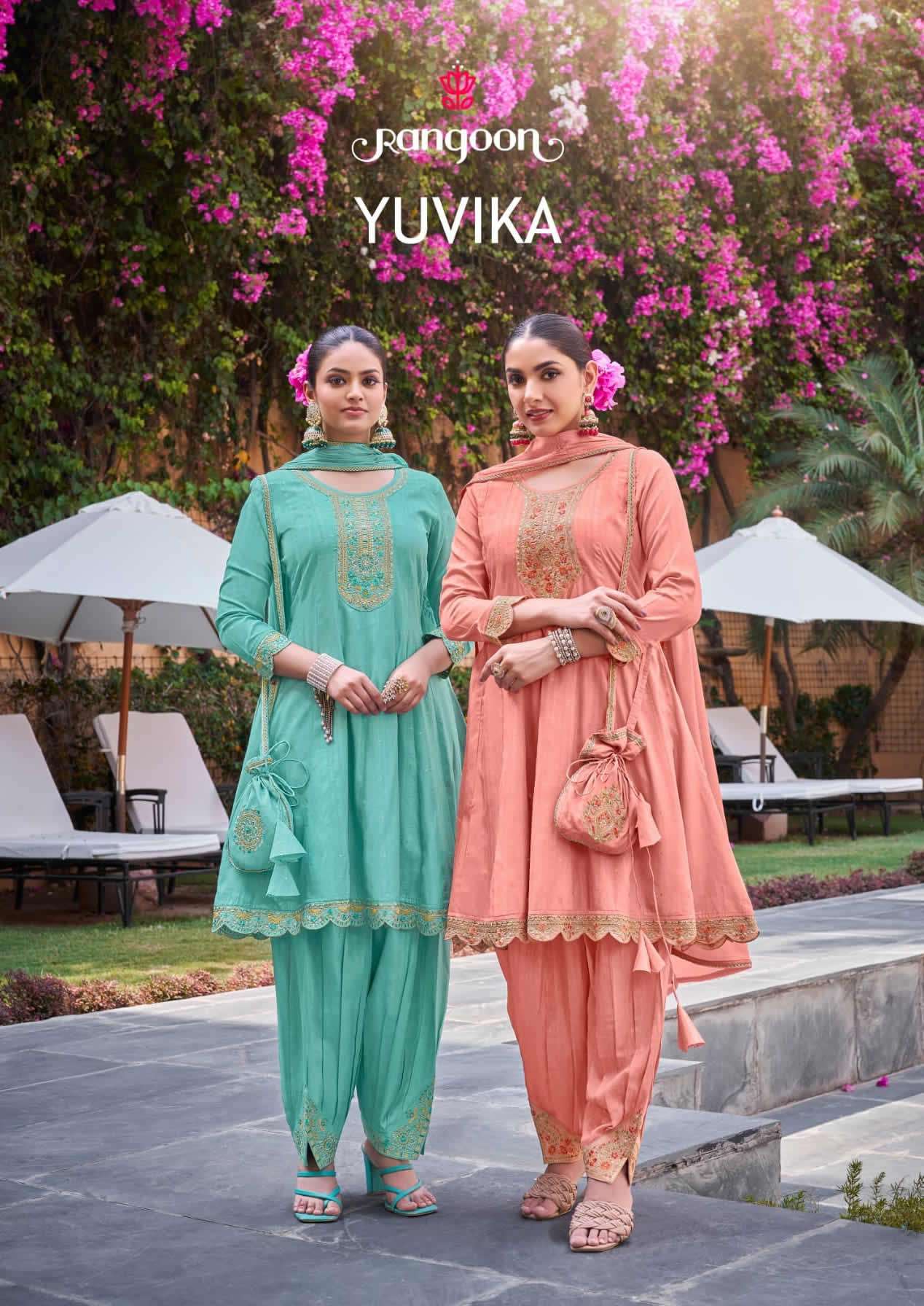 YUVIKA VISCOSE EMBROIDERY WORK FANCY KURTI WITH PANT AND DUPATTA BY RANGOON BRAND WHOLESALER AND DEA...