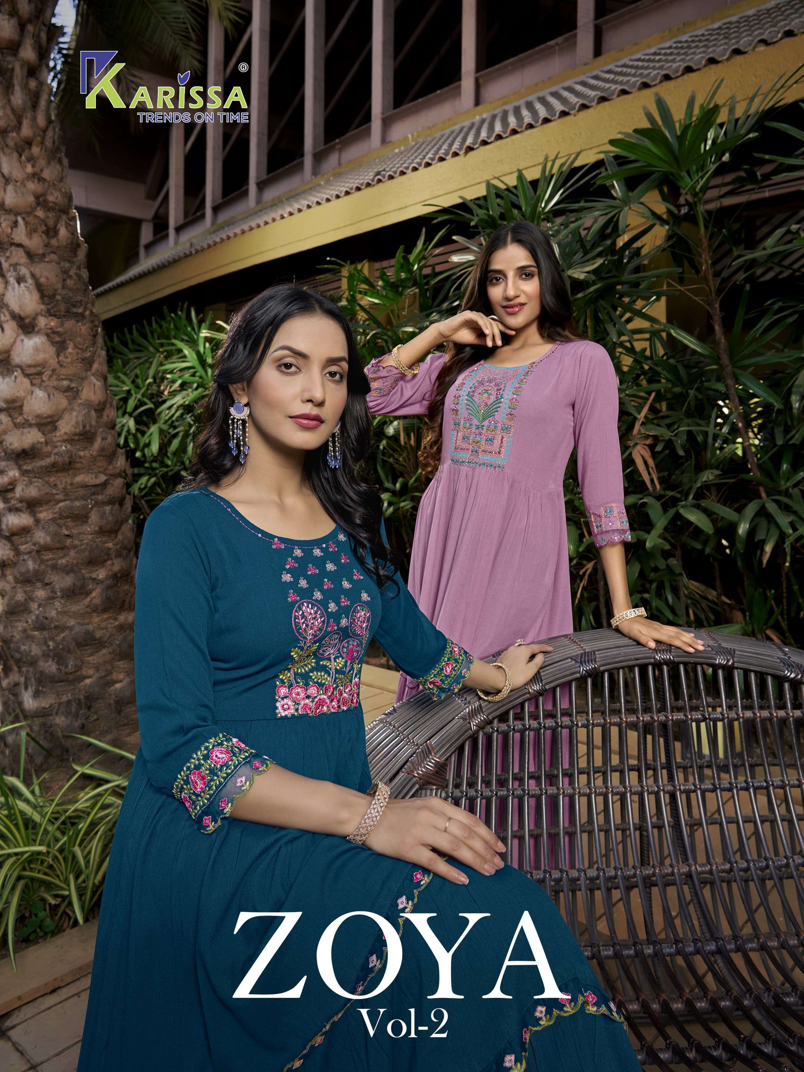 ZOYA VOL 2 PREMIUM LIVA RAYON CRUSH THREAD AND HANDWORK A LINE GHERA KURTI BY KARISSA BRAND WHOLESAL...