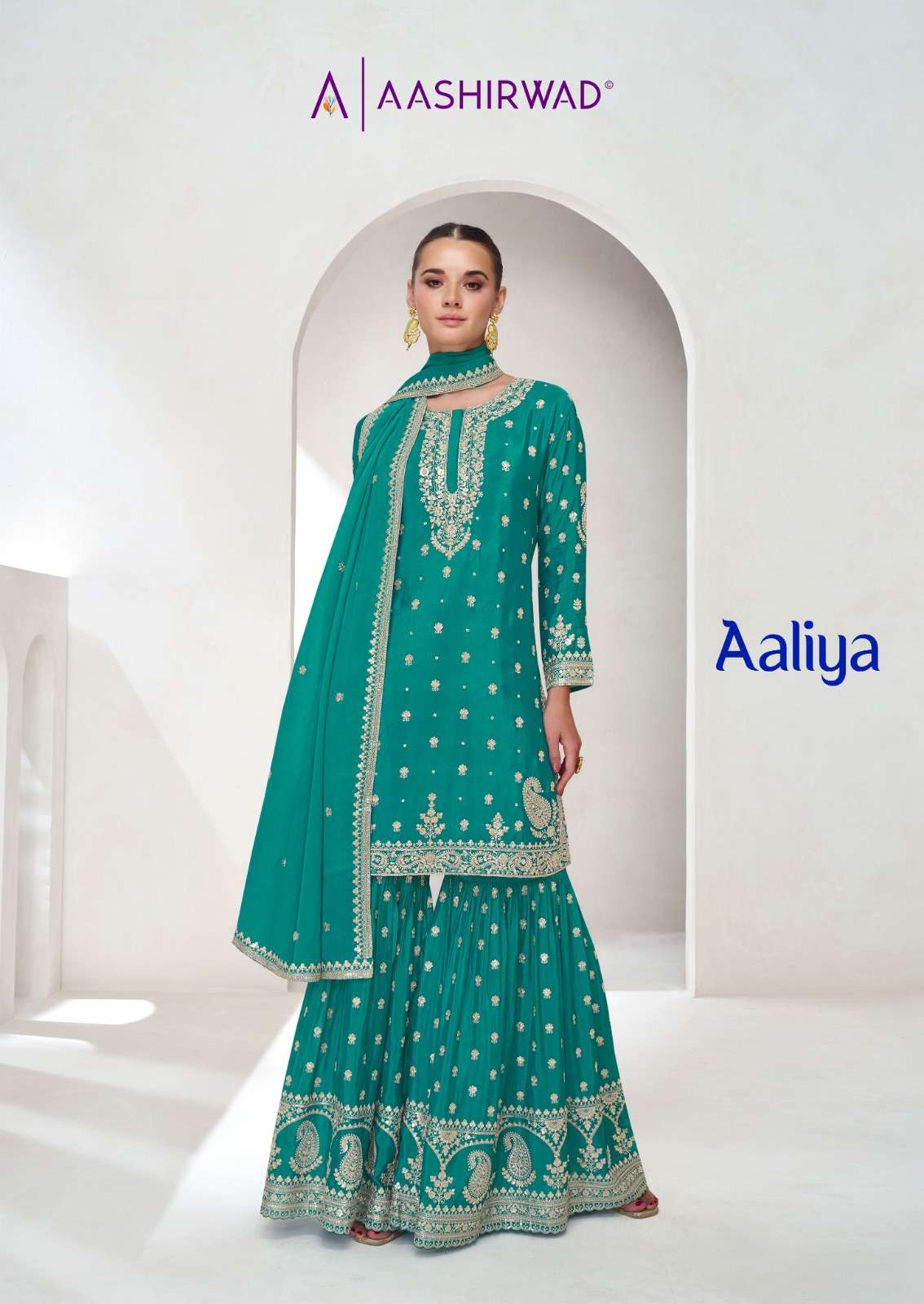 AALIYA PREMIUM CHINNON SILK EMBROIDERY AND HANDWORK KURTI WITH SHARARA AND DUPATTA BY AASHIRWAD BRAN...