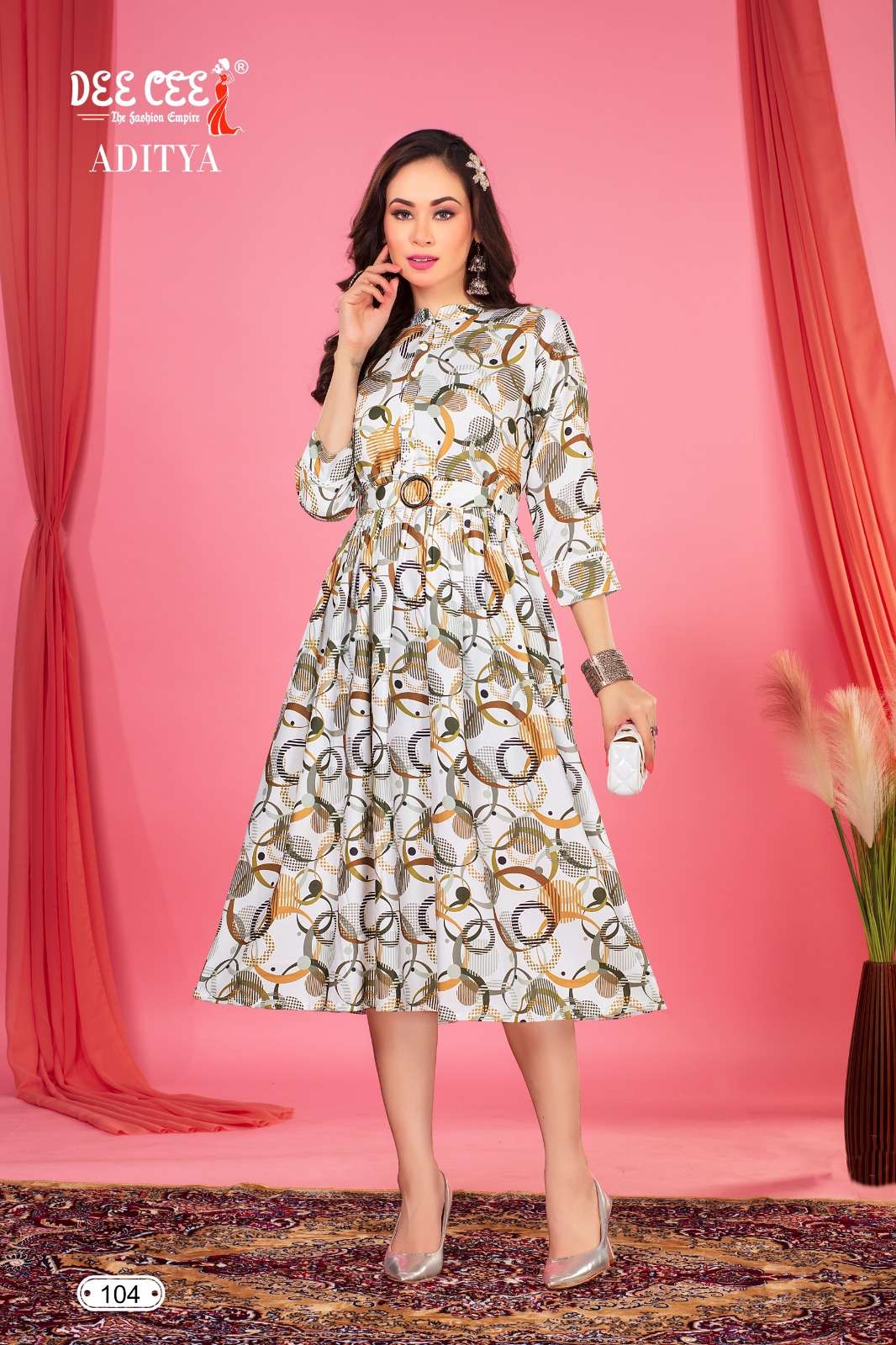 ADITYA RAYON DIGITAL PRINT PLATED LONG GHERA KURTIS WITH BELT BY DEECEE BRAND WHOLESALER AND DEALER 