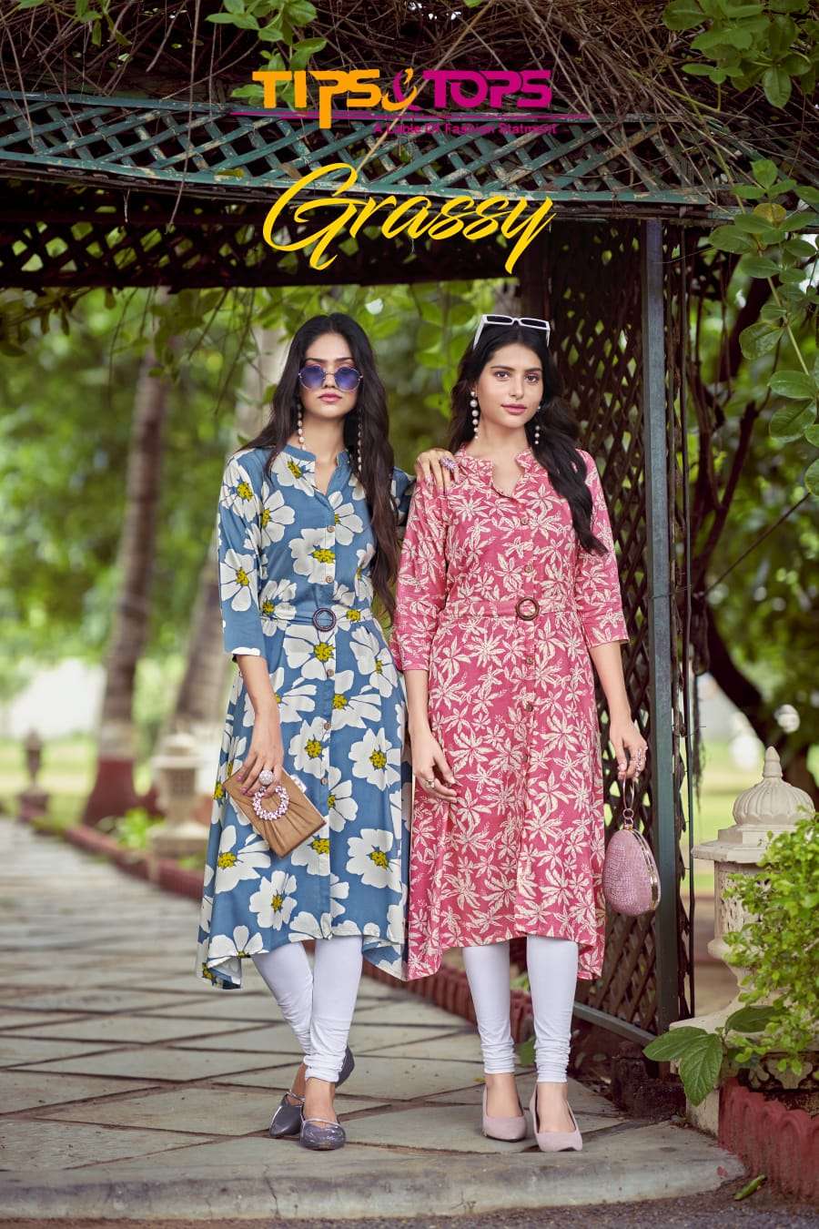 GRACCY HEAVY REYON PRINT A LINE KURTI WITH BELT BY TIPS AND TOPS BRAND WHOLESALER AND DEALER