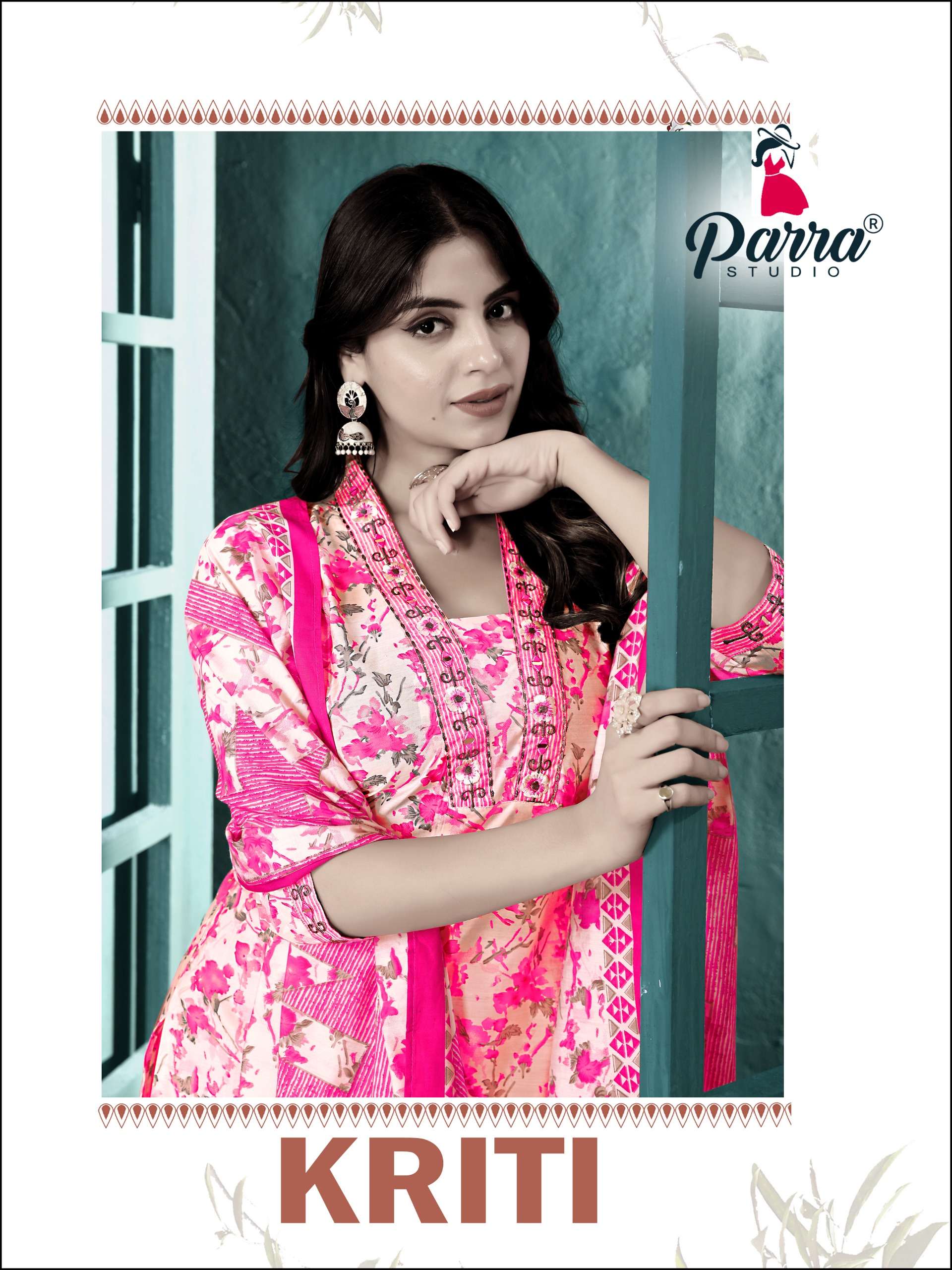 KRITI CHANDERI PRINT HANDWORK KURTI WITH PANT AND DUPATTA BY PARRA STUDIO BRAND WHOLESALER AND DEALE...