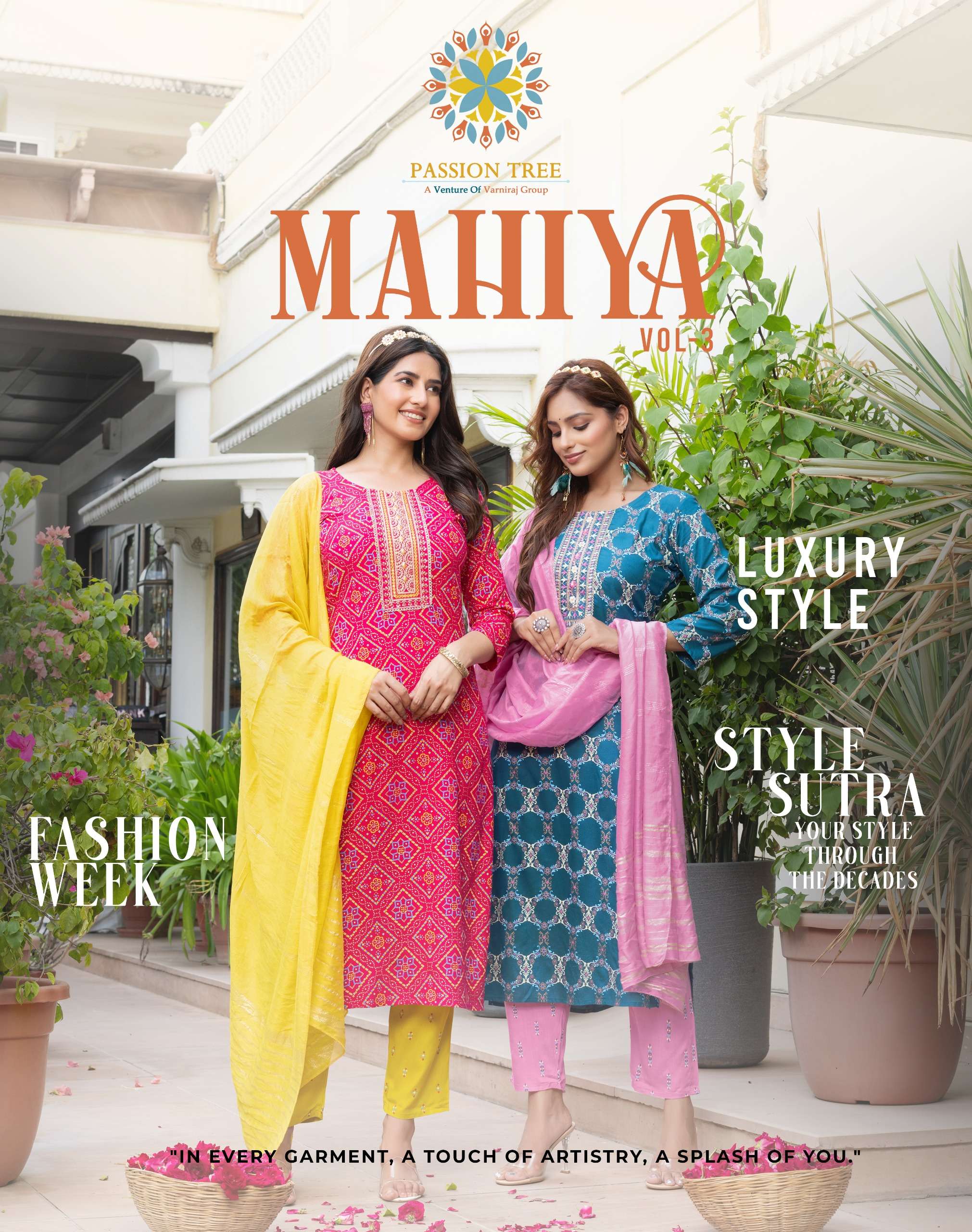 MAHIYA VOL 3 RAYON CLASSY GOLD PRINT EMBROIDERY WORK KURTI WITH PANT AND DUPATTA BY PASSION TREE BRA...