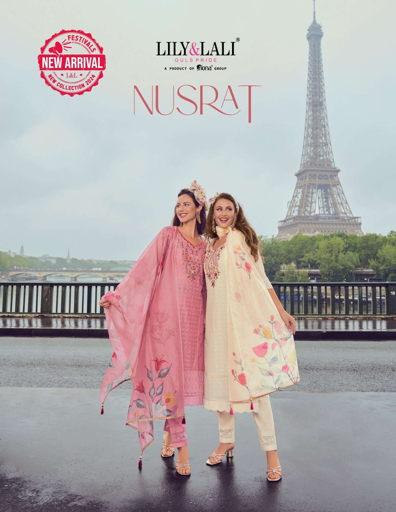 NUSRAT CHANDERI EMBROIDERY AND HANDWORK KURTI WITH PANT AND ORGANZA DIGITAL PRINT DUPATTA BY LILY AN...