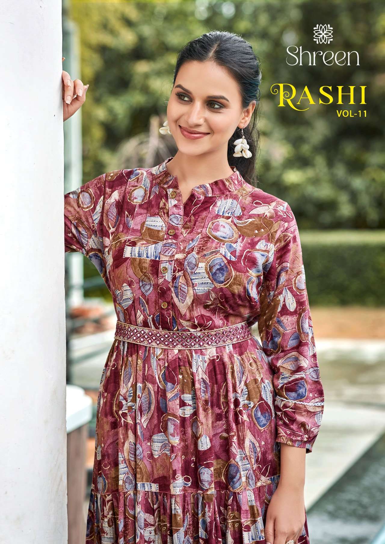 RAASHI VOL 11 14KG RAYON PRINTS FOIL TRENDY LONG FLAIRED KURTIS WITH EMBROIDERED BELT B SHREEN BRAND...