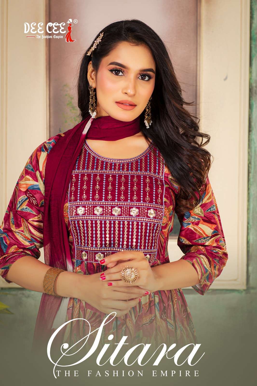 SITARA RAYON FOIL PRINT EMBROIDERY WORK KURTI WITH PANT AND NAZNIN DUPATA BY DEECEE BRAND WHOLESALER...