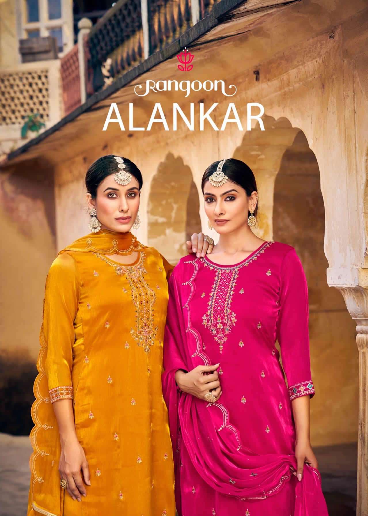 ALANKAR BURBERRY SILK MIRROR AND EMBROIDERY WORK KURTI WITH PANT AND DUPATTA BY RANGOON BRAND WHOLES...