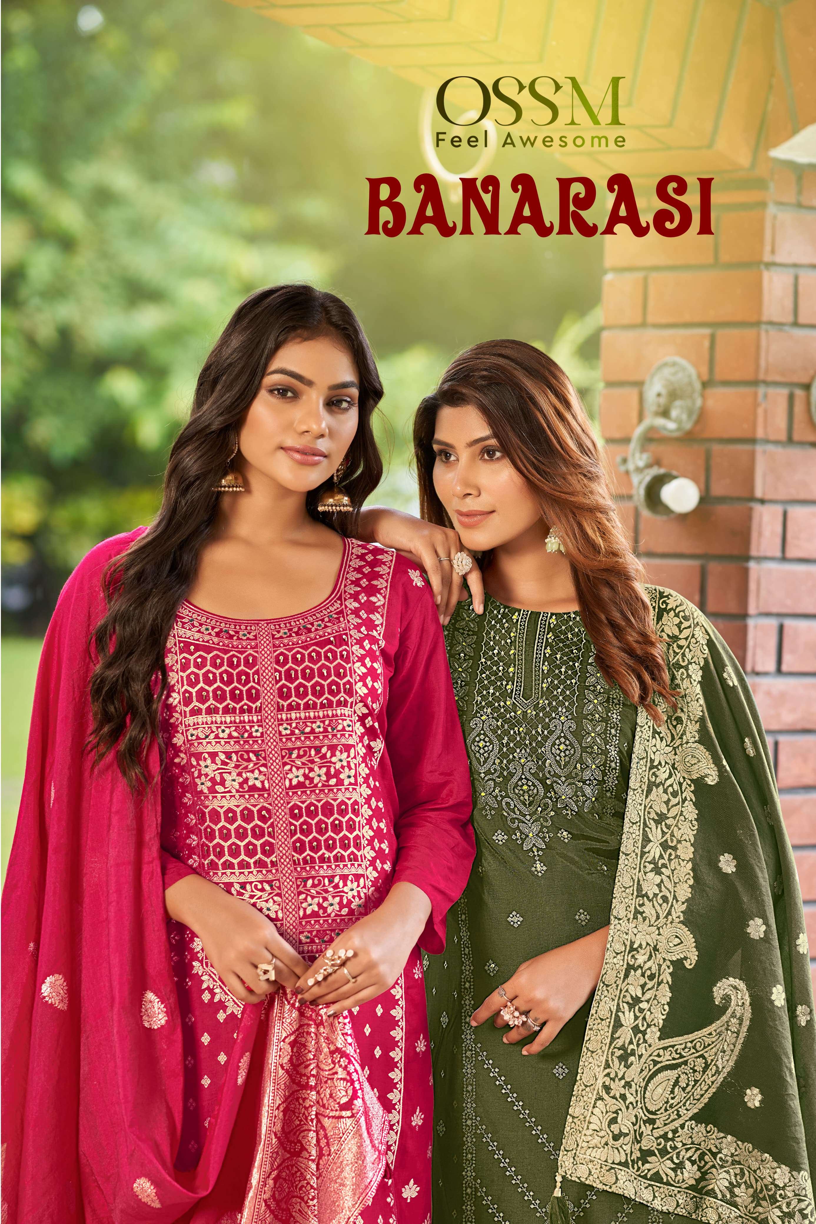 BANARASI VISCOS DOLA SILK JACQUARD HANDWORK KURTI WITH SANTOON PANT AND CHANDERI DUPATTA BY OSSM BRA...