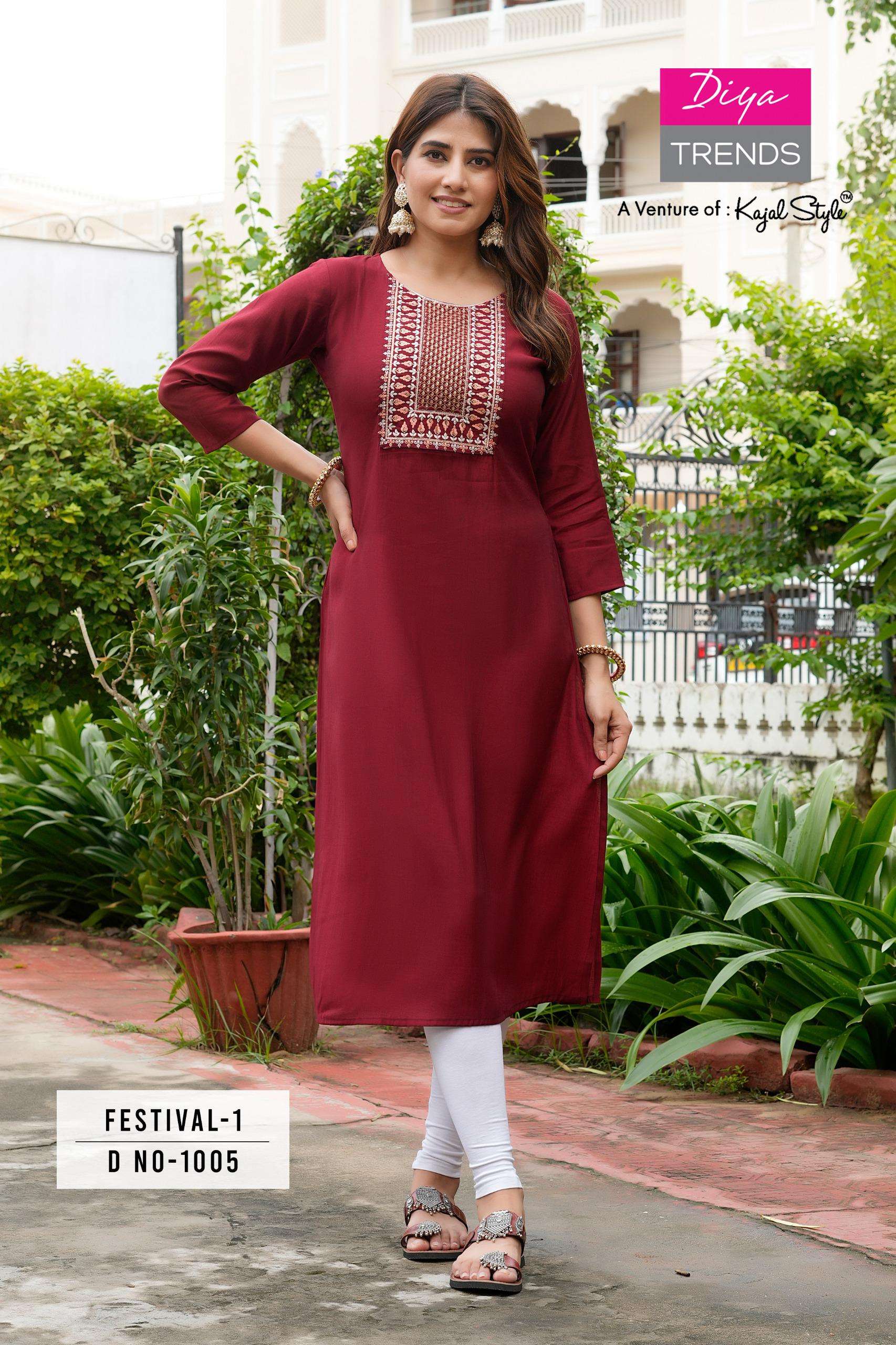 FESTIVAL VOL 1 ROMAN SILK FANCY EMBROIDERY WORK KURTI BY DIYA TRENDS BRAND WHOLESALER AND DEALER