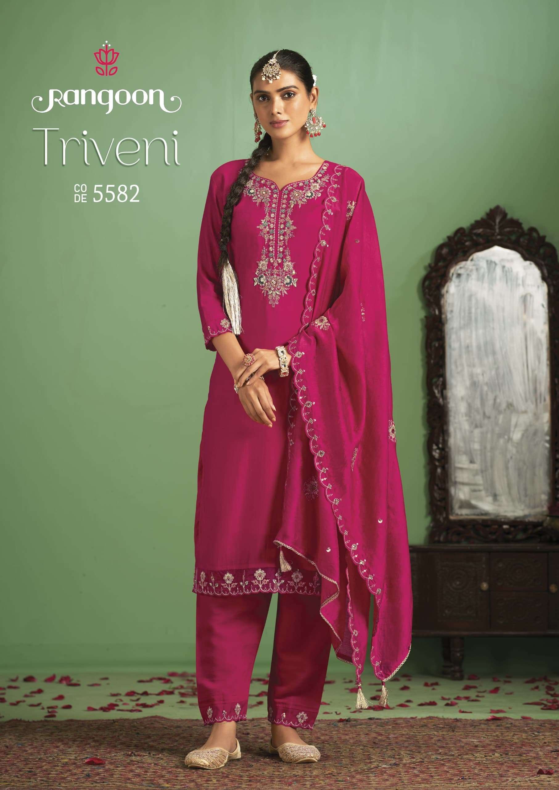 TRIVENI SILK EMBROIDERY WORK KURTI WITH PANT CHANDERI SILK DUPATTA BY RANGOON BRAND WHOLESALER AND D...