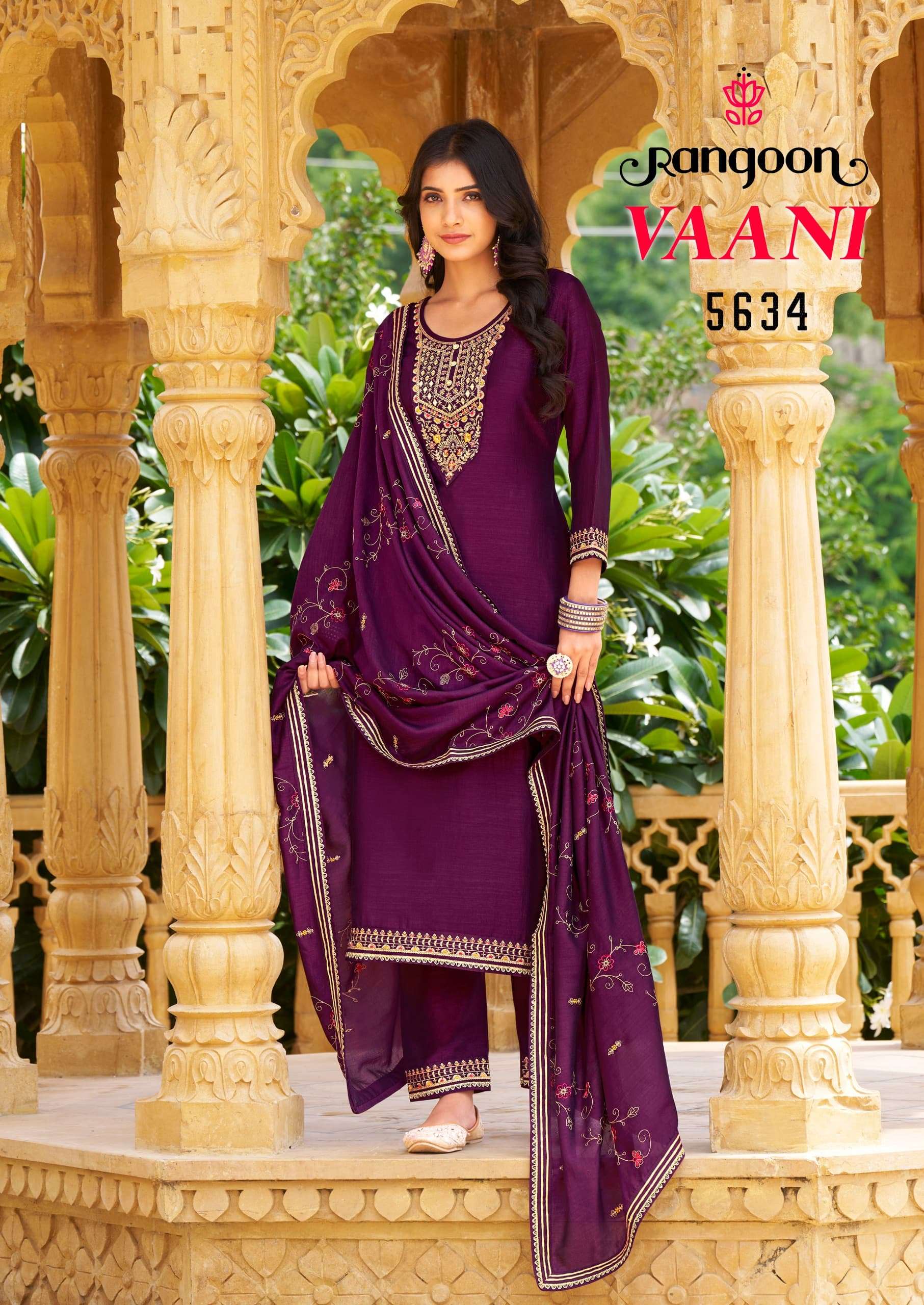 VAANI SILK EMBROIDERY AND HANDWORK KURTI WITH PANT AND DUPATTA BY RANGOON BRAND WHOLESALER AND DEALE...