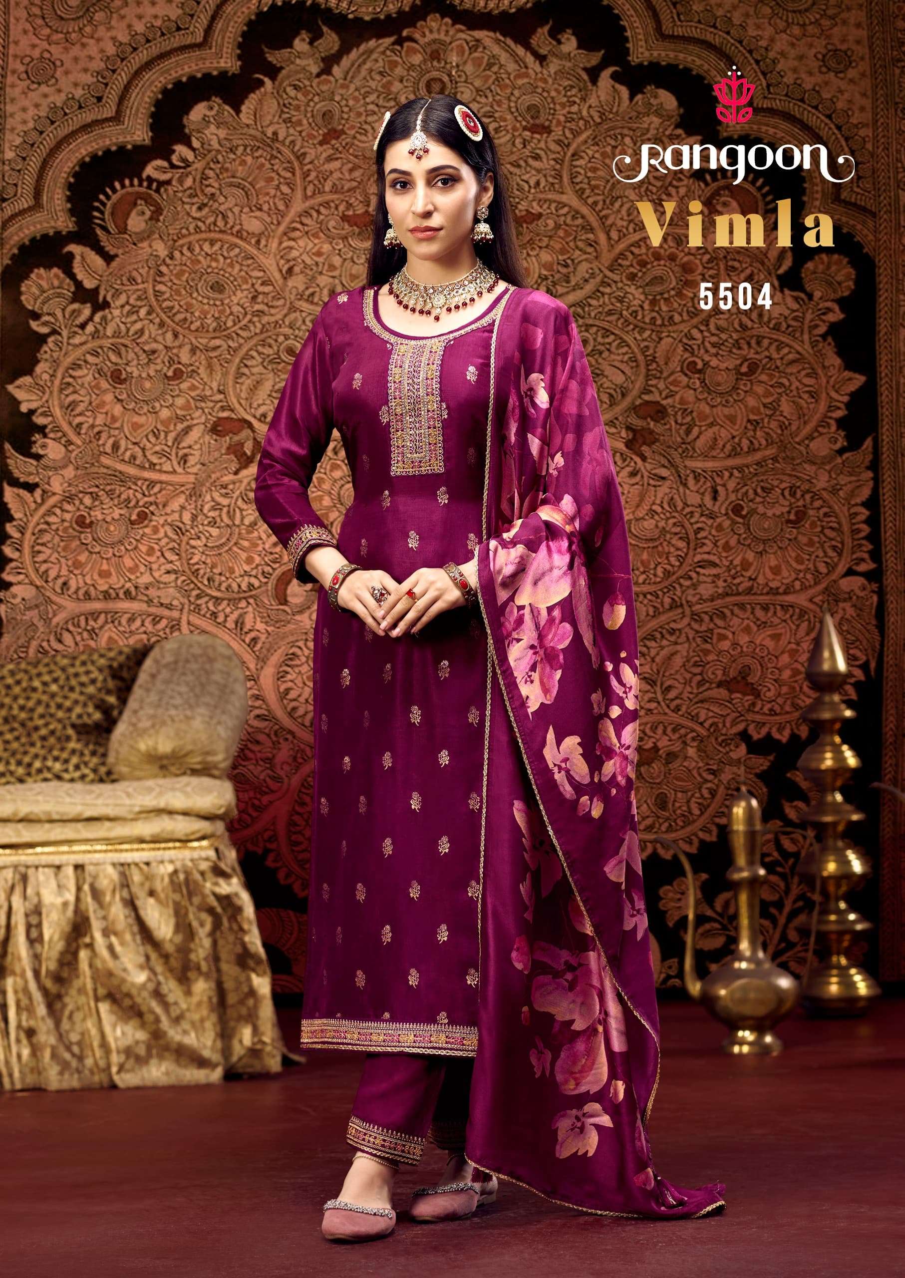 VIMLA DOLA JECAURD HANDWORK KURTI WITH VISCOSE PANT AND DUPATTA BY RANGOON BRAND WHOLESALER AND DEAL...